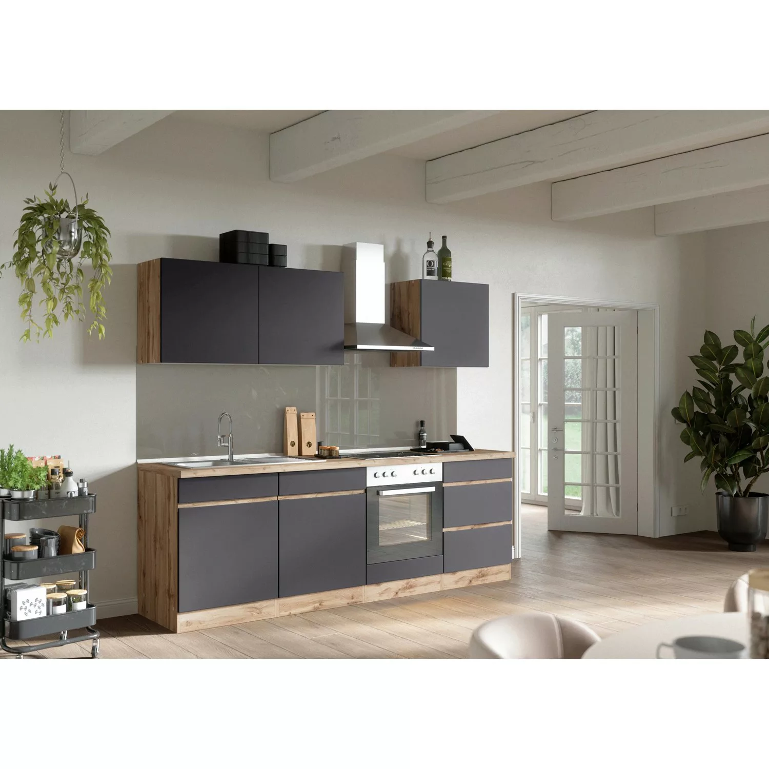 Held Möbel Küchenzeile Turin 240 cm Graphit-Wotaneiche ohne E-Geräte günstig online kaufen
