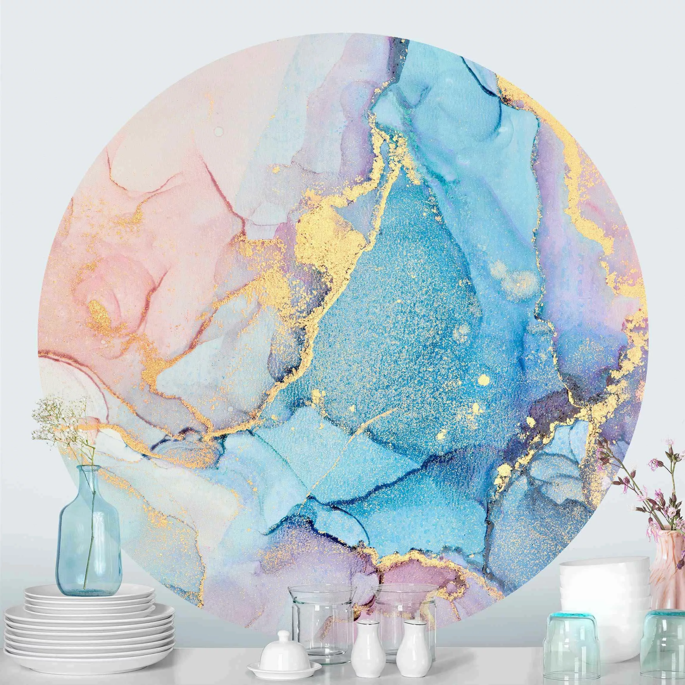 Runde Tapete selbstklebend Aquarell Pastell Bunt mit Gold günstig online kaufen