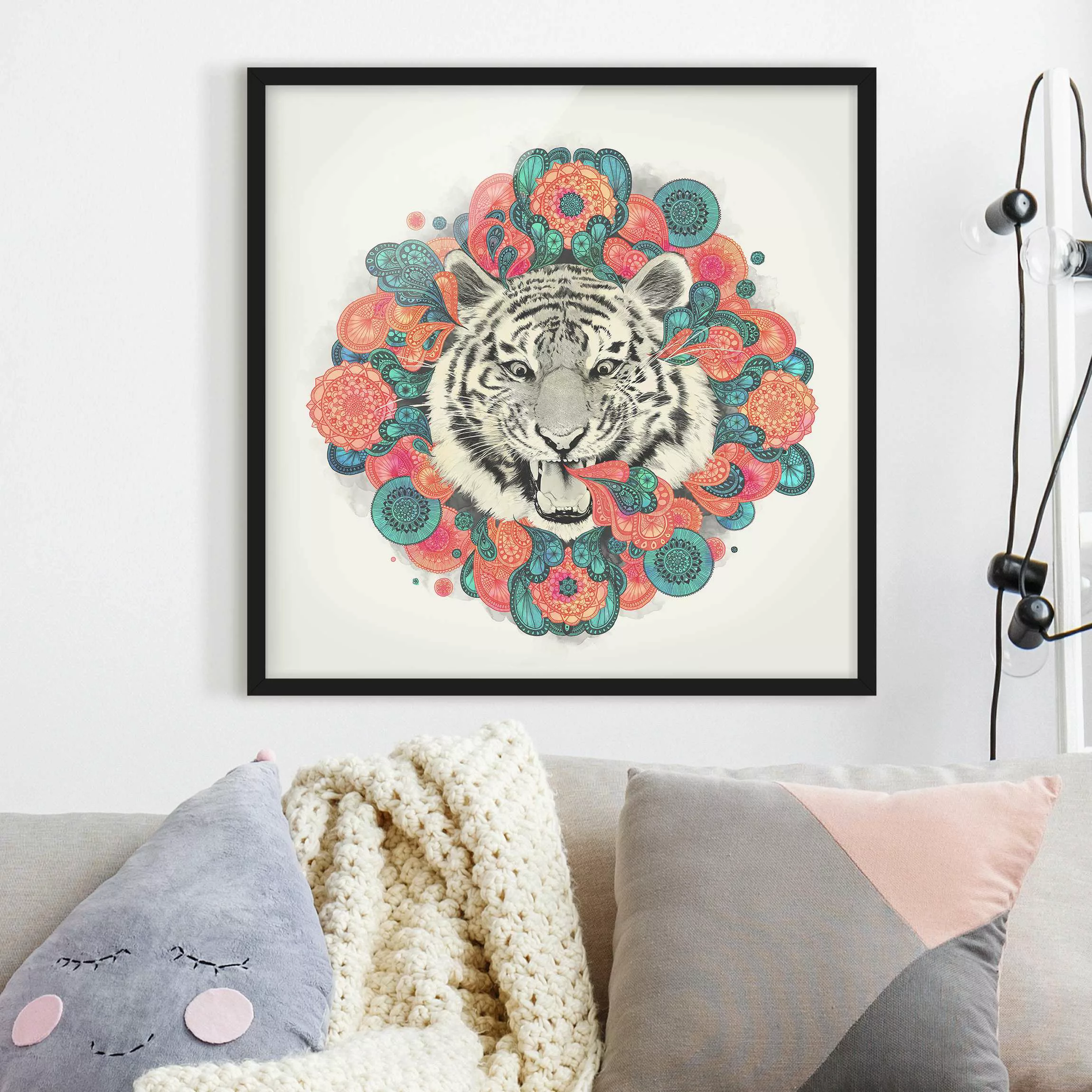 Bild mit Rahmen Tiere - Quadrat Illustration Tiger Zeichnung Mandala Paisle günstig online kaufen