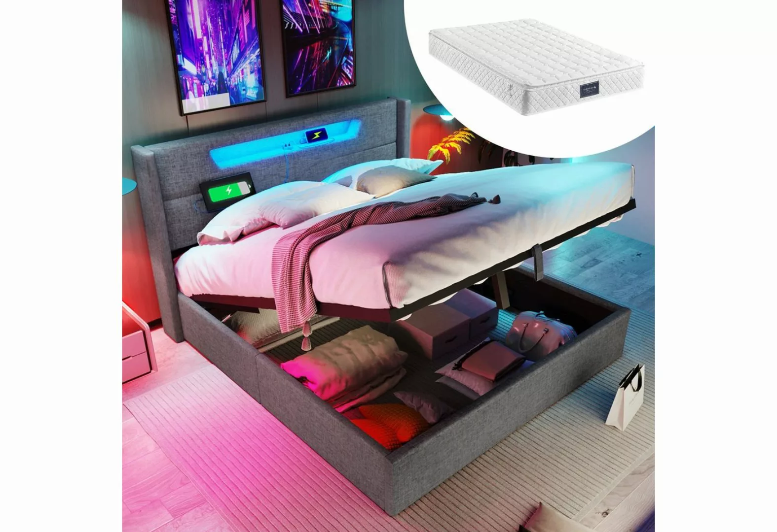 Gotagee Polsterbett LED Doppelbett Ladefunktion Stauraumbett 160x200cm Grau günstig online kaufen