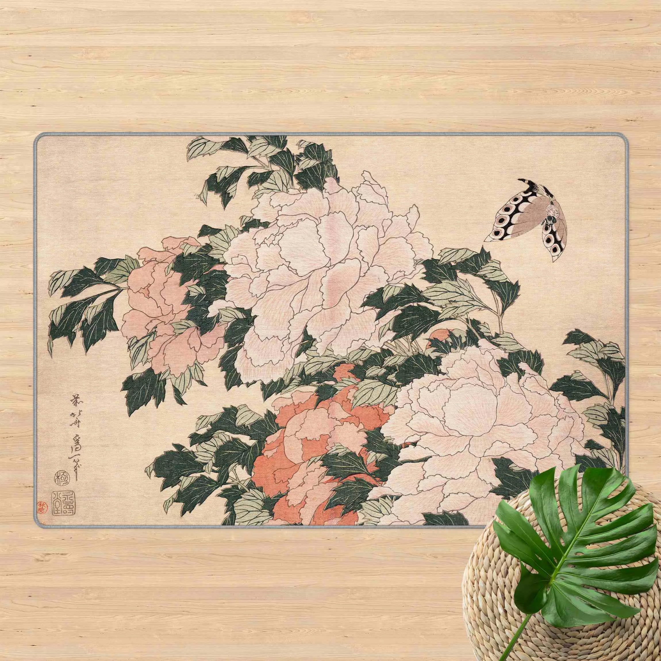 Teppich Katsushika Hokusai - Rosa Pfingstrosen mit Schmetterling günstig online kaufen