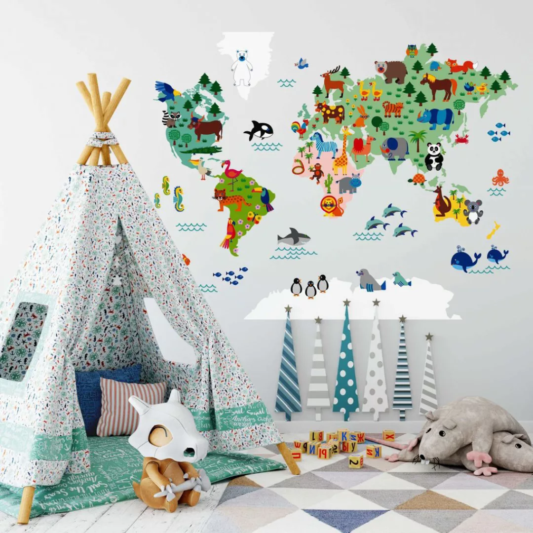 Wall-Art Wandtattoo »Kinder Tierwelt Weltkarte bunt«, (1 St.), selbstkleben günstig online kaufen