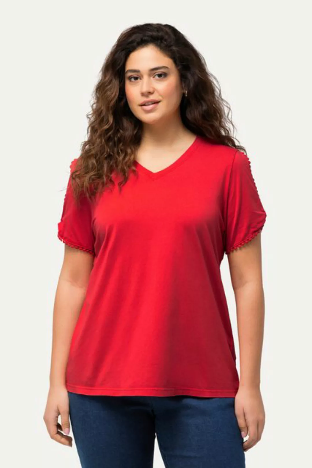 Ulla Popken Rundhalsshirt T-Shirt Zierborte Calssic V-Ausschnitt Halbarm günstig online kaufen