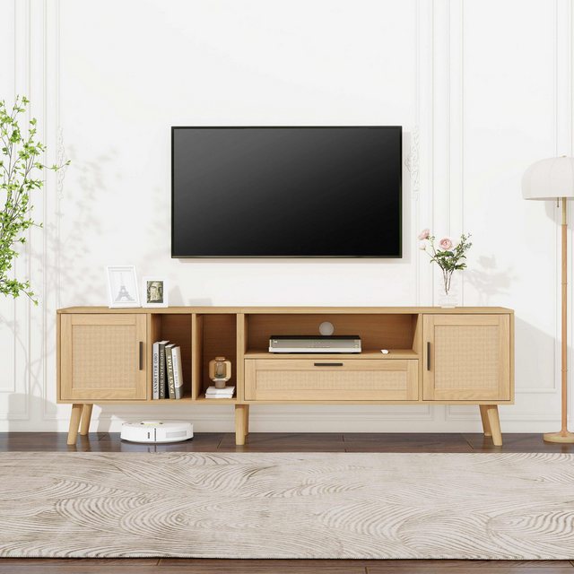 BlingBin TV-Schrank Lowboard TV-Board Rattan-Türdesign Natural Oak (Mit dre günstig online kaufen