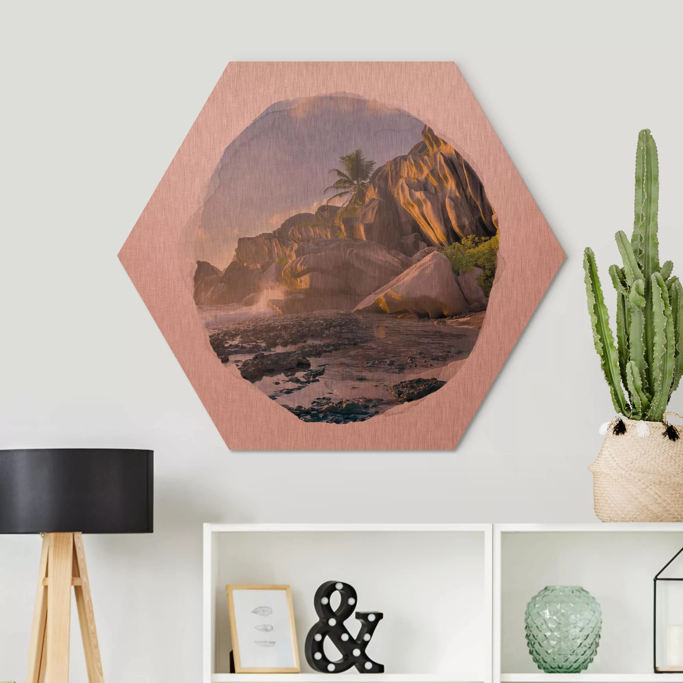 Hexagon-Alu-Dibond Bild Wasserfarben - Sonnenuntergang im Inselparadies günstig online kaufen