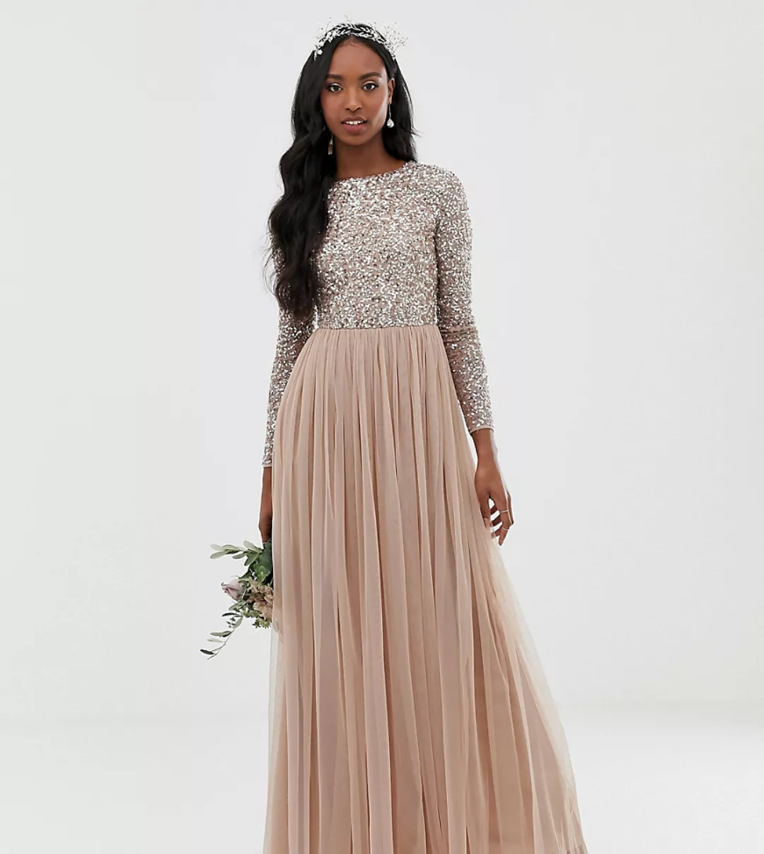 Maya Tall – Bridesmaid – Langärmliges Maxi-Tüllkleid mit farblich passenden günstig online kaufen
