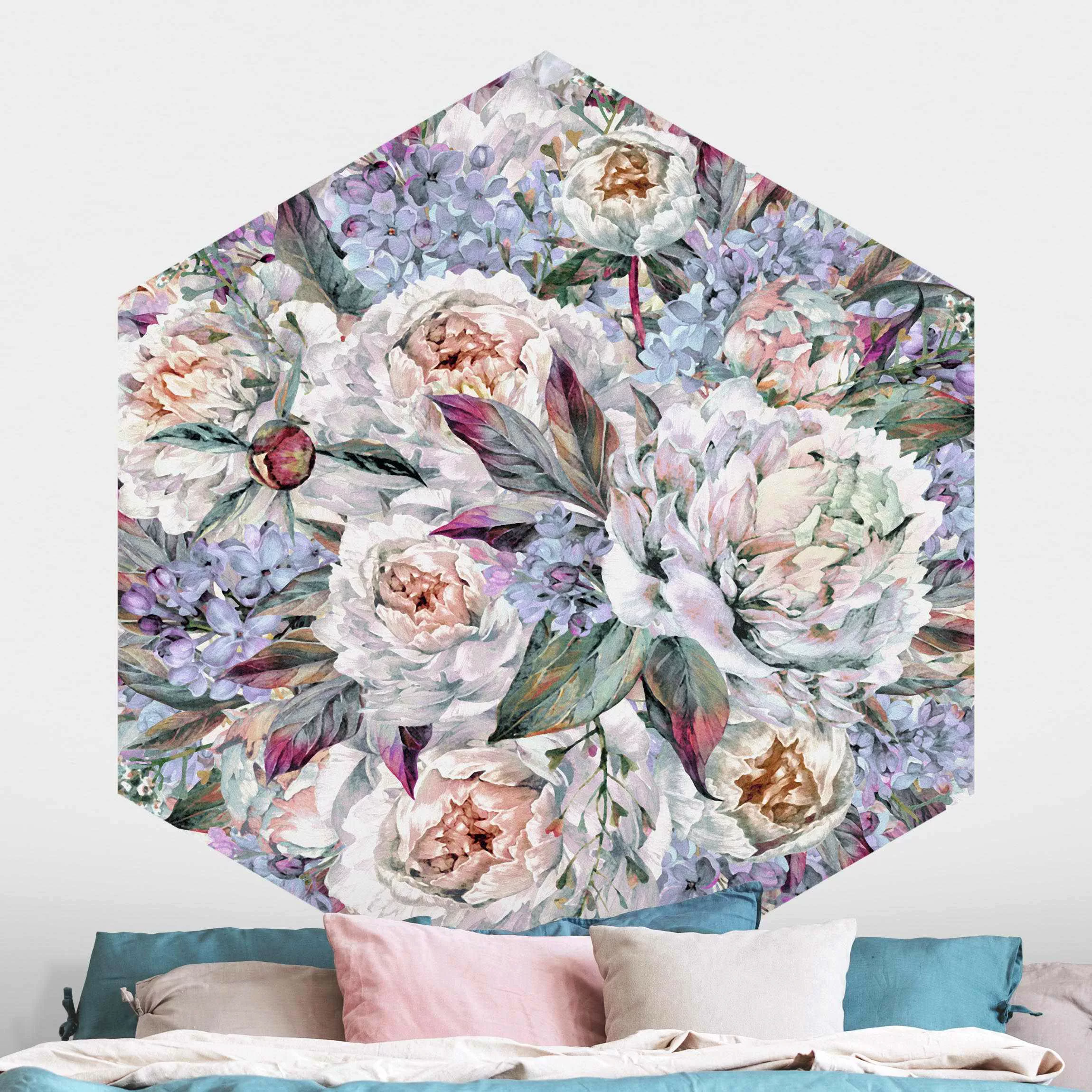 Hexagon Fototapete selbstklebend Aquarell Flieder Pfingstrosen Bouquet günstig online kaufen