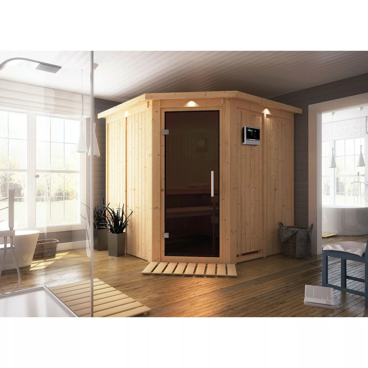 Karibu Sauna Jorma mit Ofen externe Stg.LED-Dachkranz Graph Natur günstig online kaufen