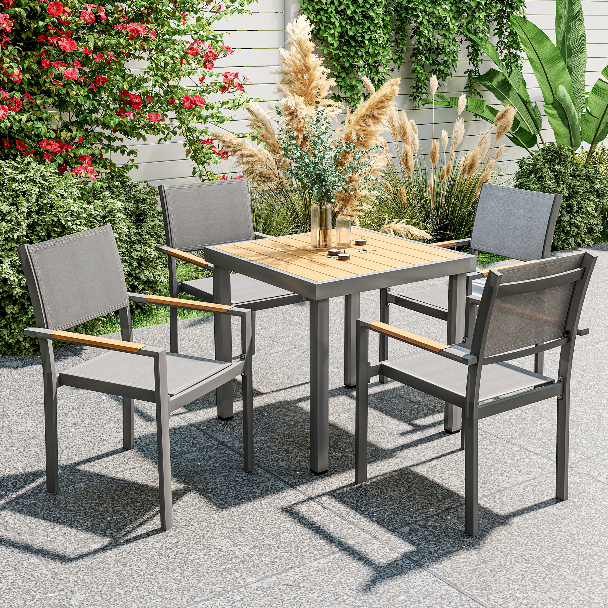 Outsunny Set mit 4 Gartenstühlen mit Holzoptik Armlehnen, Esszimmerstühle A günstig online kaufen