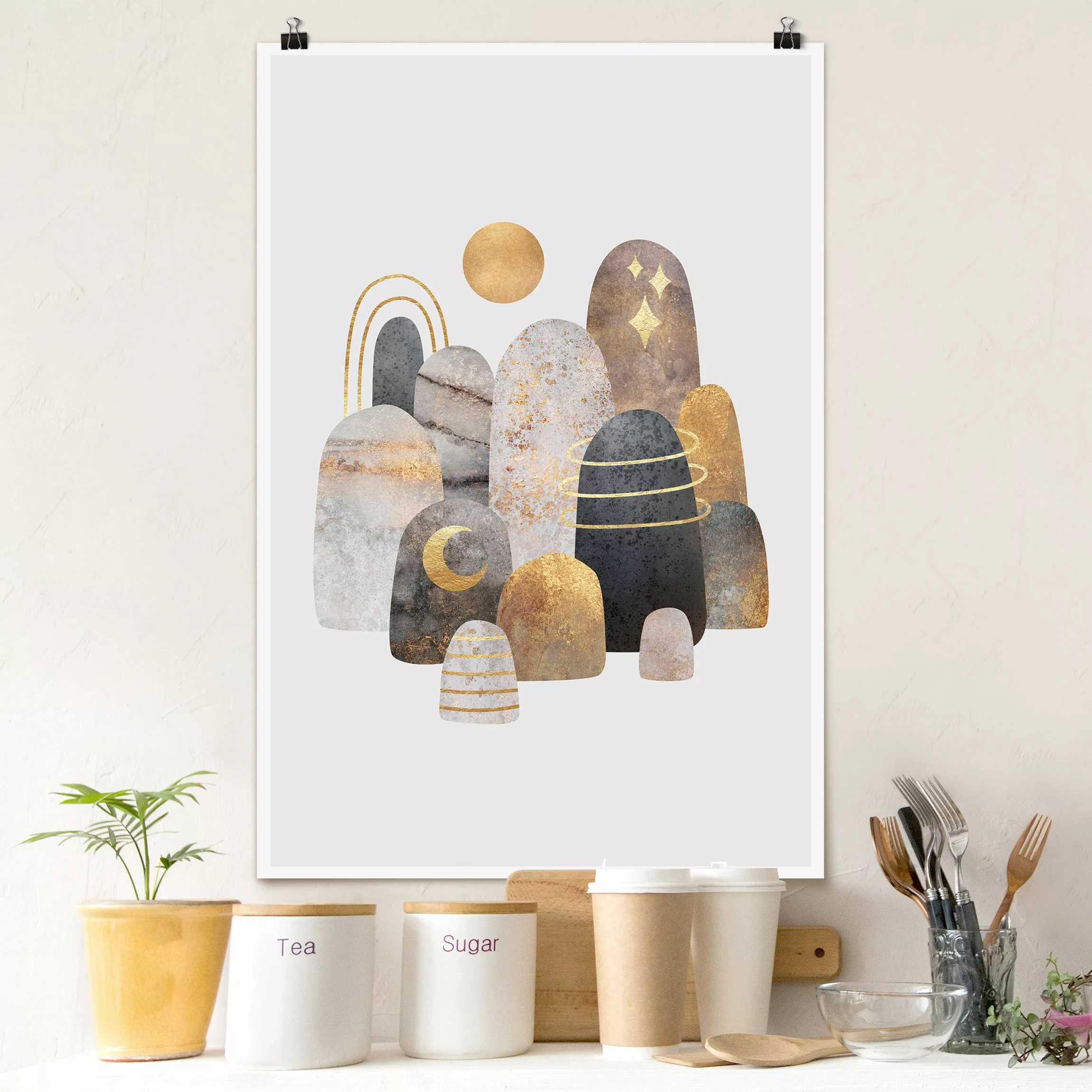 Poster Gold Berge mit Mond günstig online kaufen