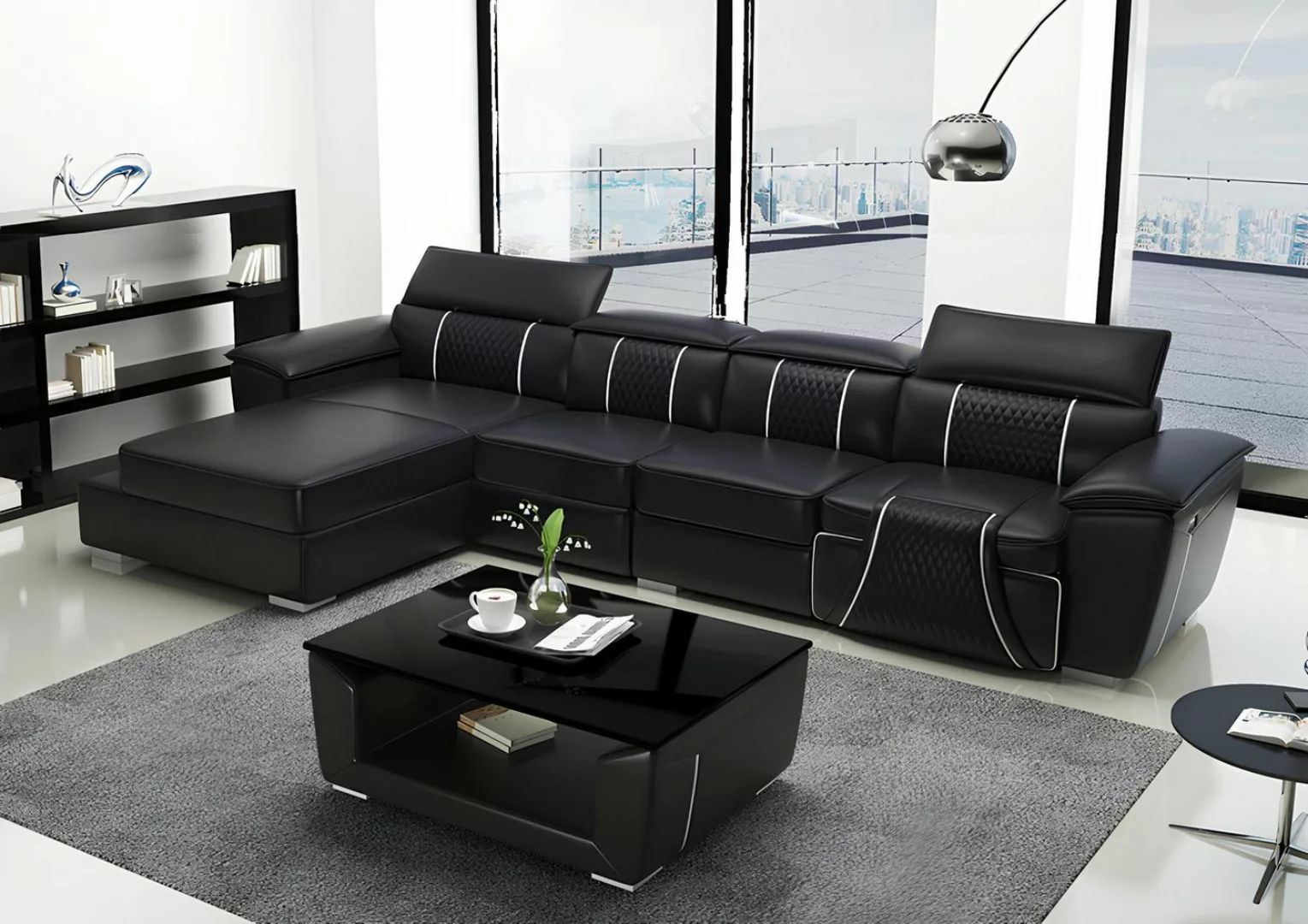 Xlmoebel Sofa Schwarzes Designer Ledersofa in L-Form mit Polstern - Modell günstig online kaufen