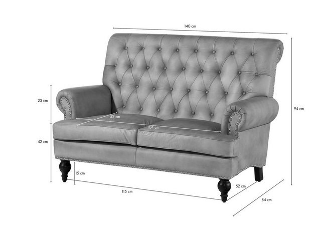 Massivmoebel24 Sofa Sofa 2-Sitzer Echtleder 140x84x94 grau CHESTERFIELD #20 günstig online kaufen