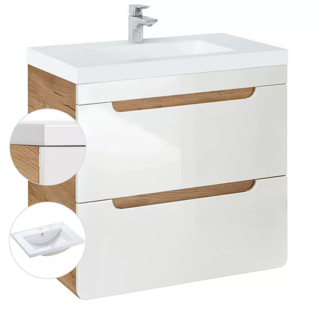 Waschtischunterschrank 61 cm mit Keramikbecken LUTON-56 Hochglanz weiß mit günstig online kaufen