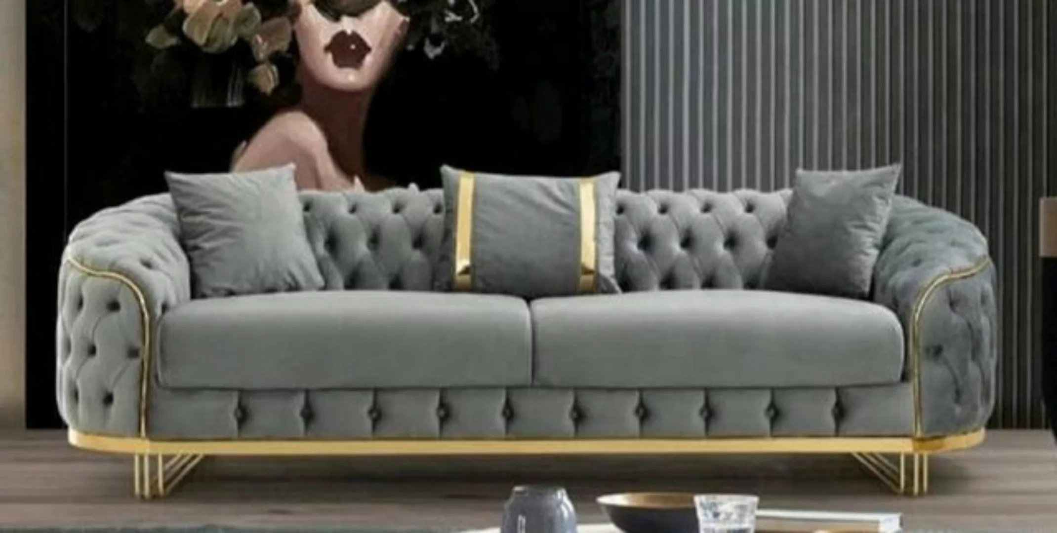 Casa Padrino Chesterfield-Sofa Luxus Chesterfield Sofa Grau / Gold 240 x 95 günstig online kaufen
