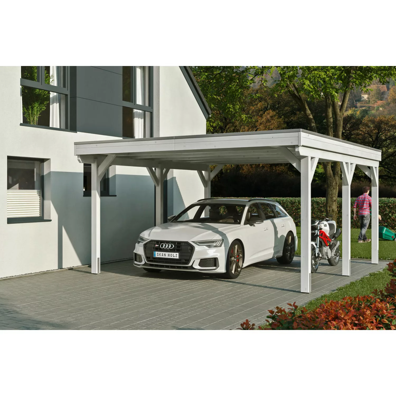 Skan Holz Carport Grunewald 427 cm x 554 cm mit EPDM-Dach Weiß günstig online kaufen