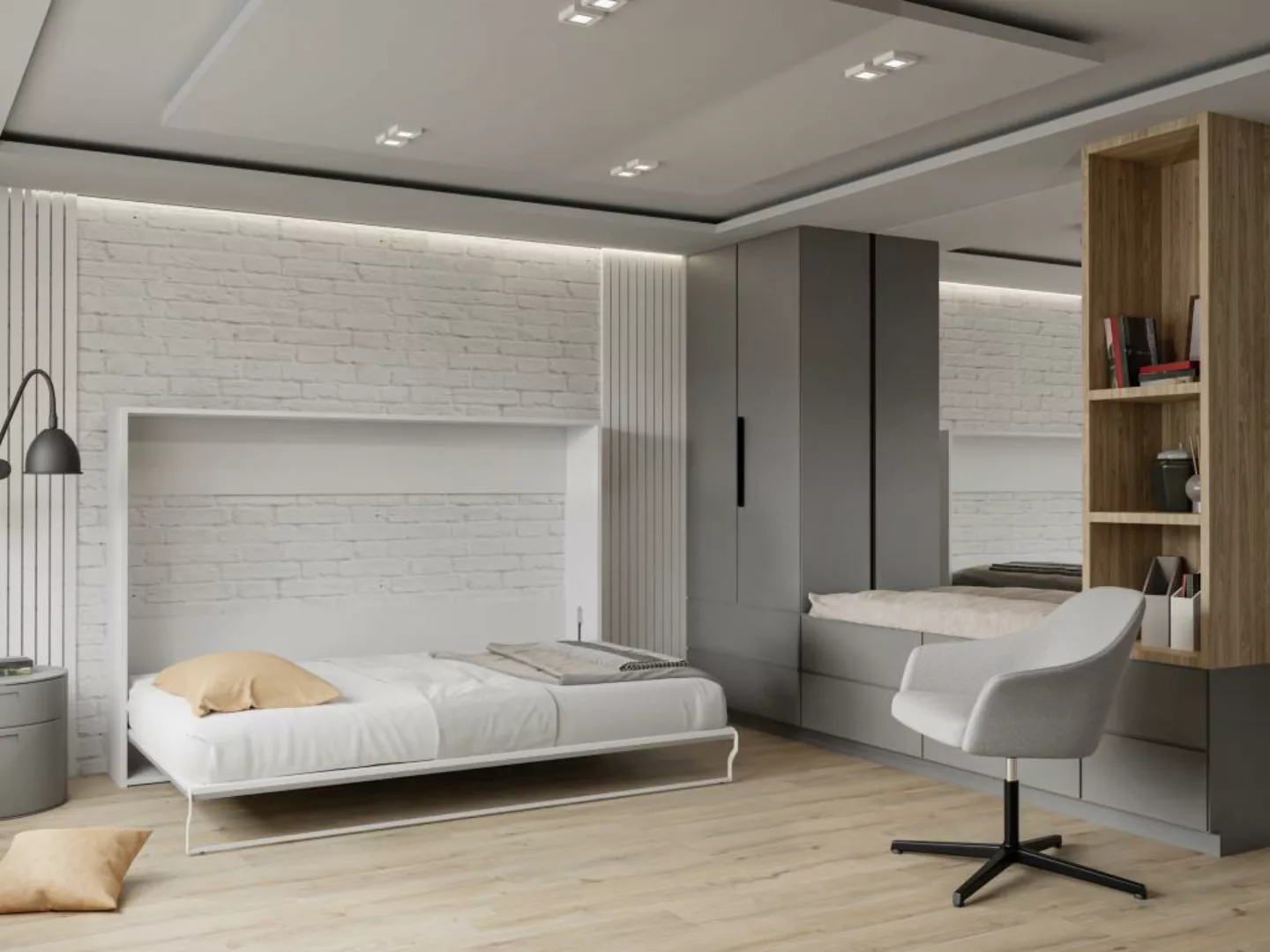 Schrankbett 140 x 200 cm - Manuelle horizontale Öffnung - Weiß und Grau - M günstig online kaufen