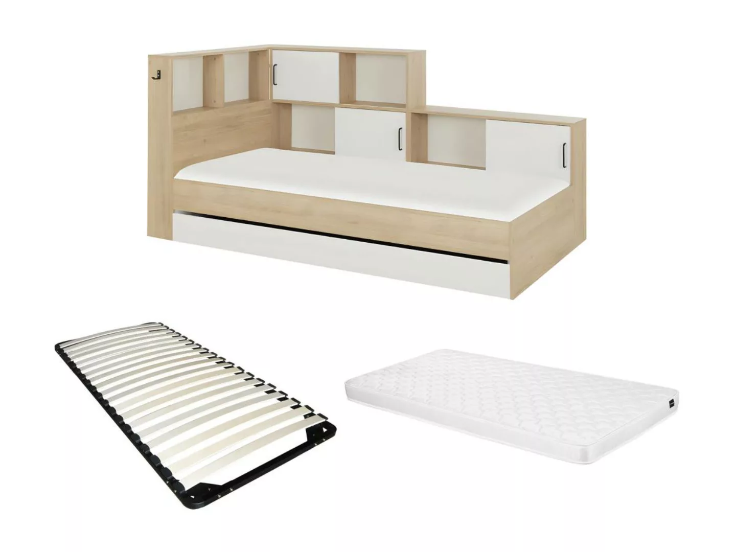 Bett mit Stauraum & Schublade + Lattenrost + Matratze - 90 x 200 cm - Natur günstig online kaufen