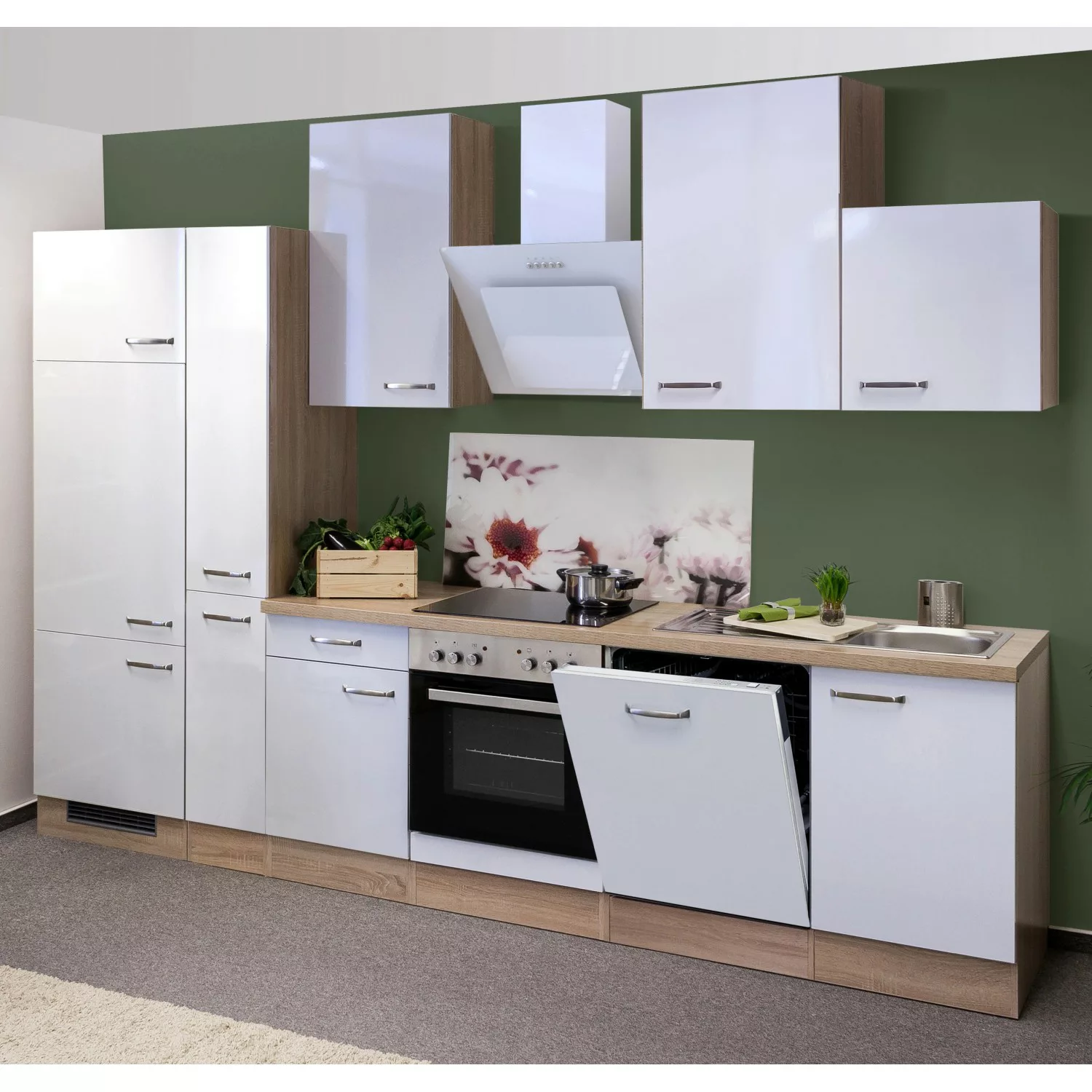 Flex-Well Exclusiv Küchenzeile Valero 310 cm Hochglanz Weiß-Sonoma Eiche günstig online kaufen