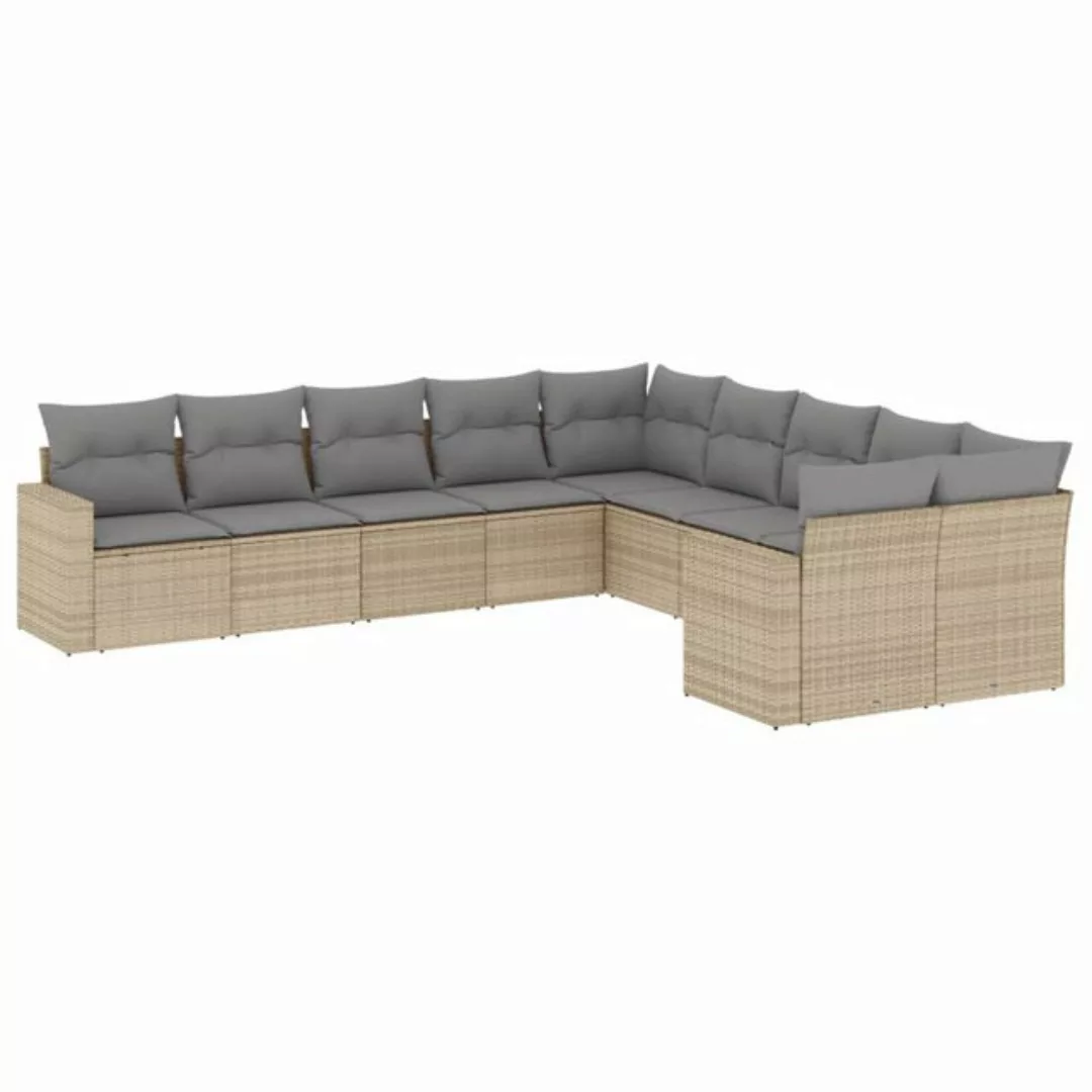 vidaXL Sofaelement 10-tlg. Garten-Sofagarnitur mit Kissen Beige Poly Rattan günstig online kaufen