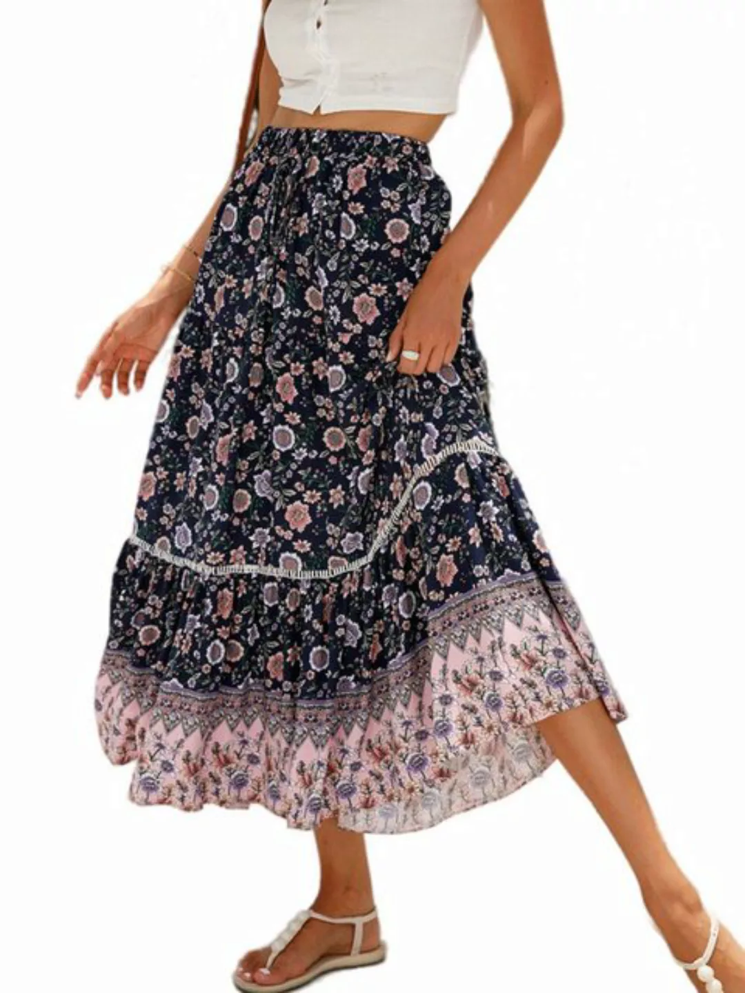 B.X Sommerrock Damen Bohemian-Stil A-Linien-Rock lässiges hohe Taille Maxir günstig online kaufen