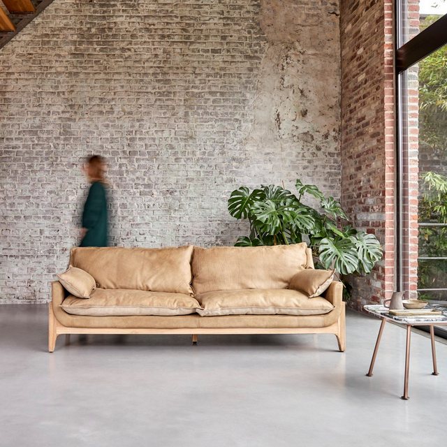 Tikamoon Sofa Woodnest Sofa 3-Sitzer aus massivem Eichenholz und Leder Chey günstig online kaufen