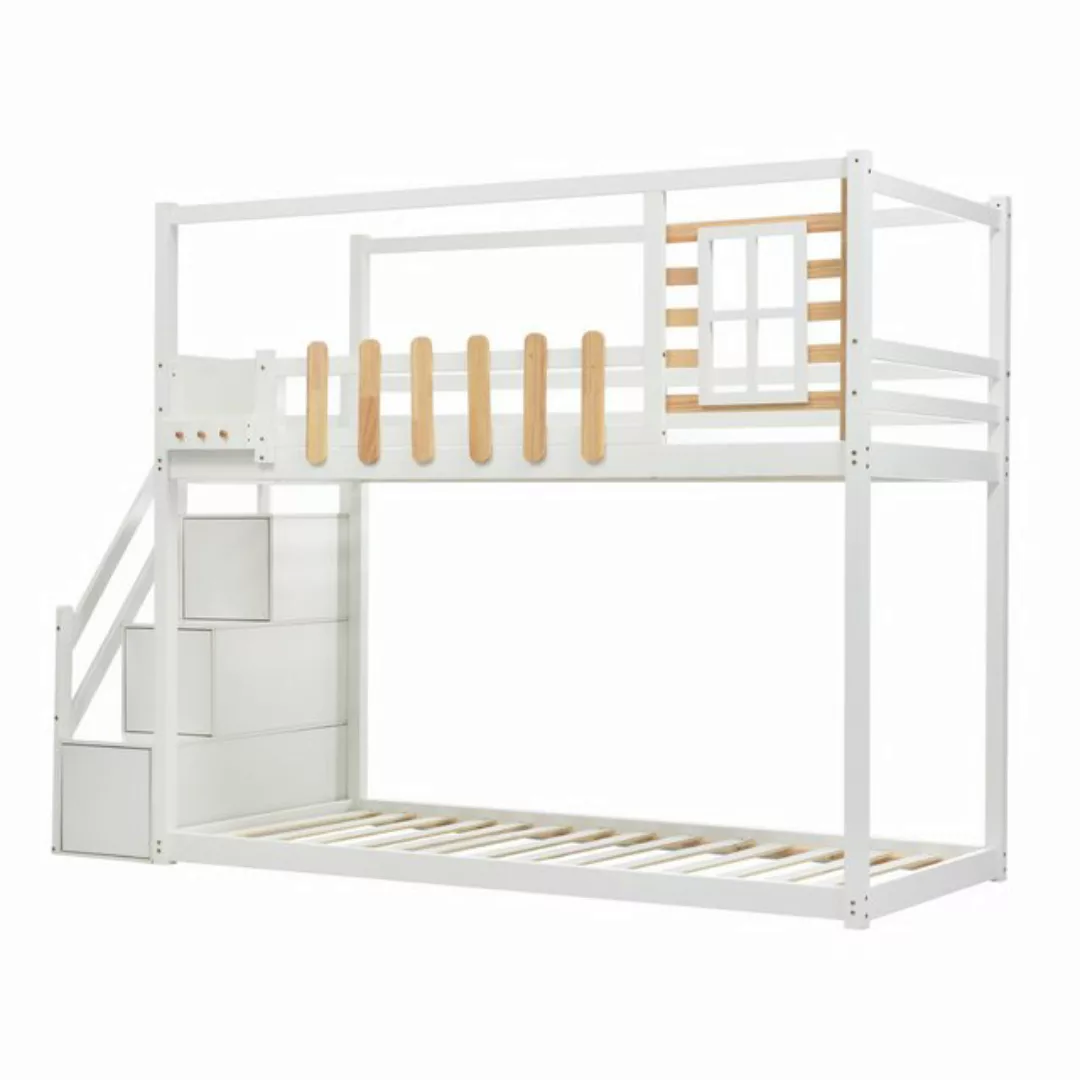 Welikera Kinderbett 90x200cm Etagenbett mit Fallschutzgitter,Treppe,Fenster günstig online kaufen