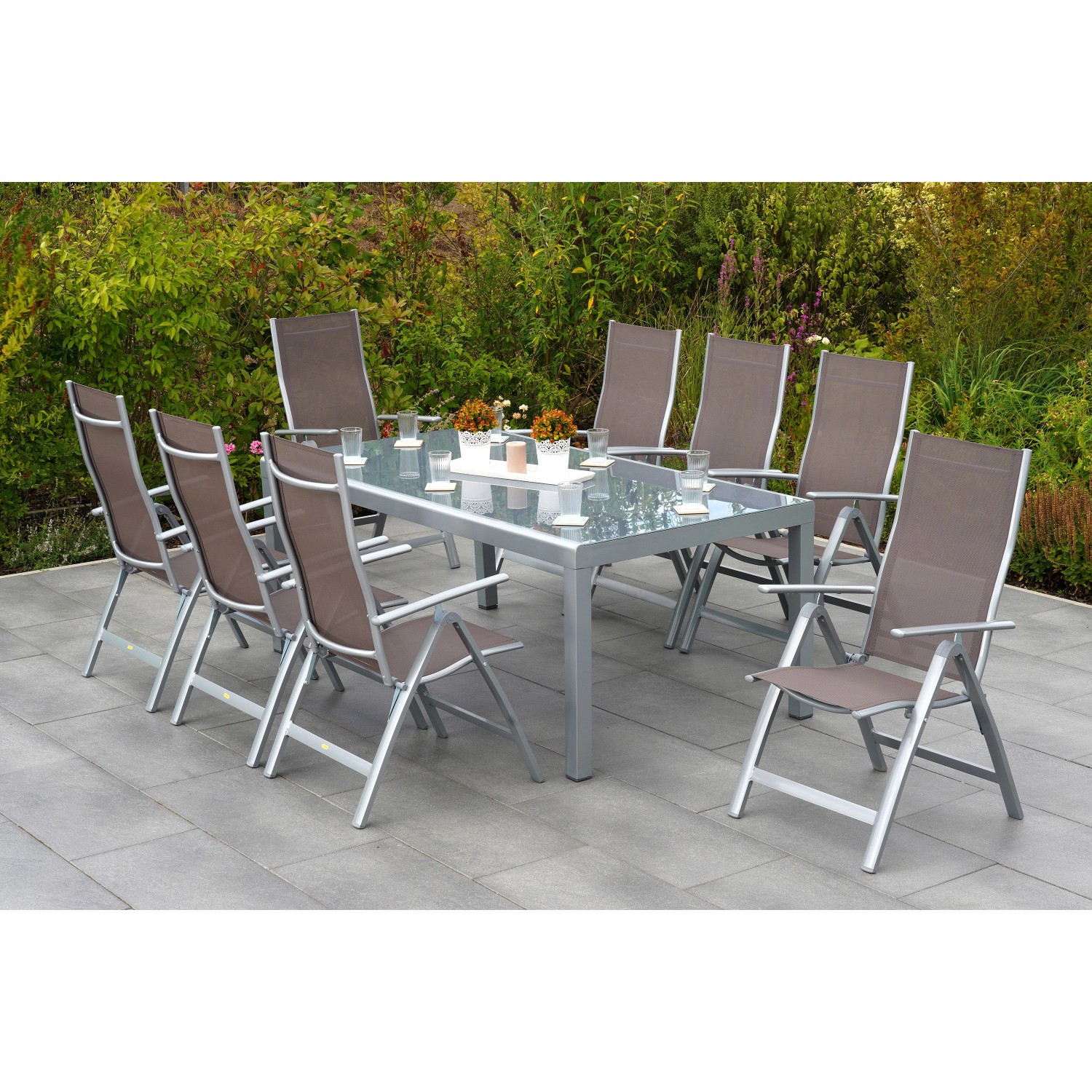 Merxx Carrara Set 9-tlg. 8 Klappsessel Gartentisch 190 x 100 cm Taupe günstig online kaufen