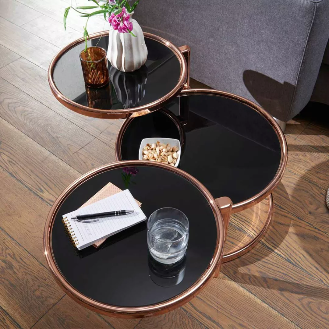 Retrostil Couchtisch mit drei runden Glasplatten Schwarz und Kupferfarben günstig online kaufen