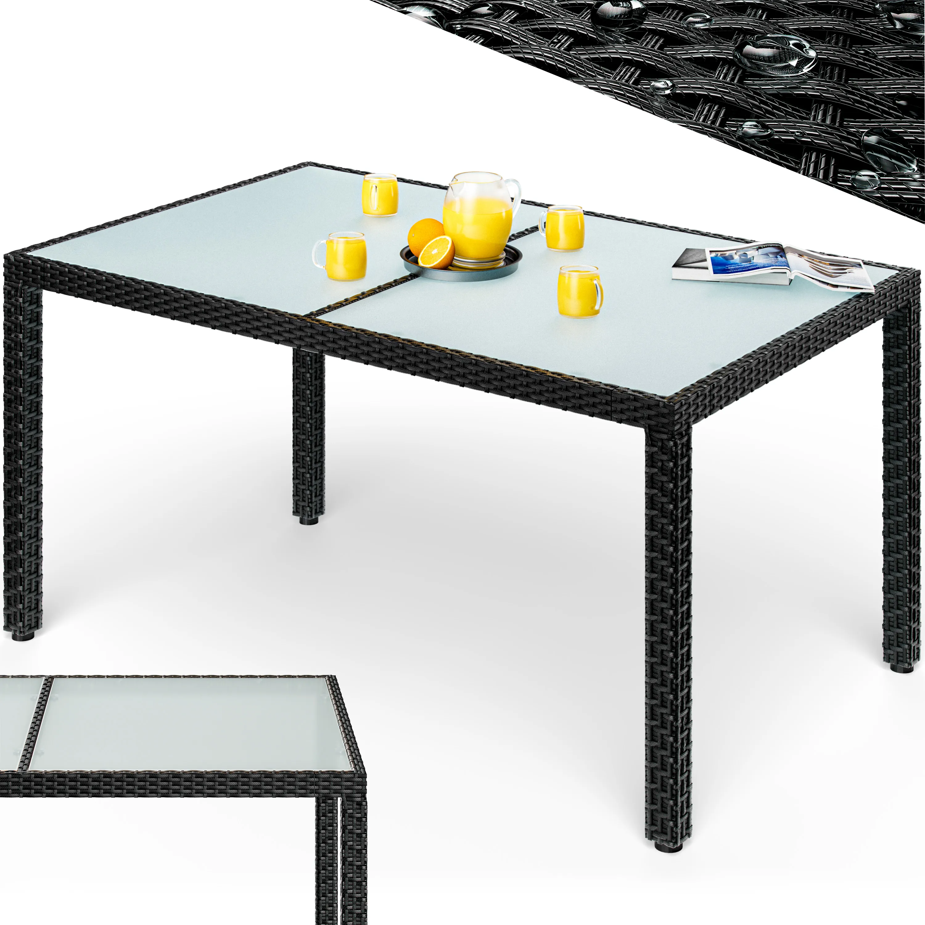 Polyrattan Gartentisch Schwarz 150x90x75cm Glas günstig online kaufen