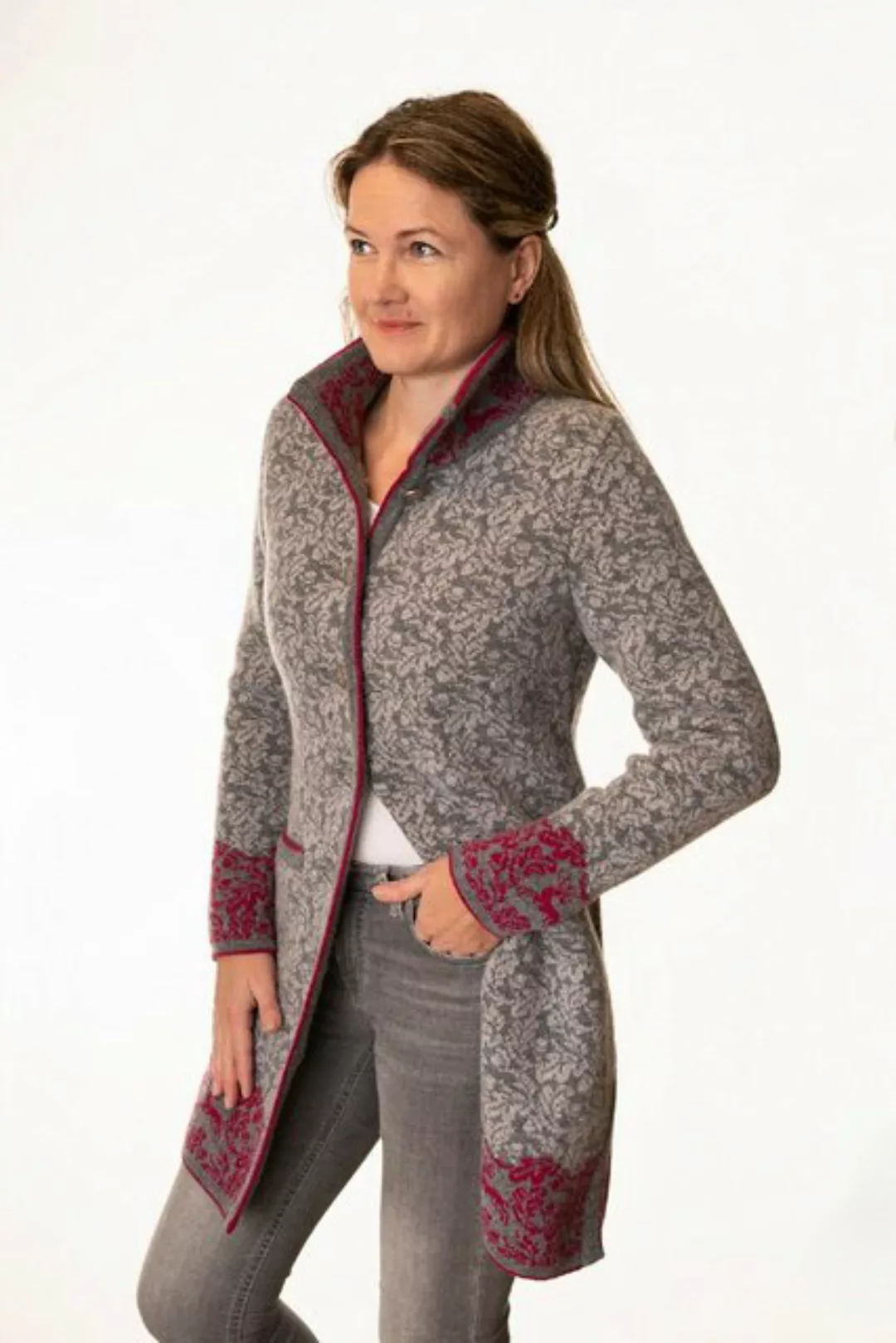 Pezzo D'oro Strickmantel Strickjacke long, Gehrock in Grautönen mit dunkelp günstig online kaufen