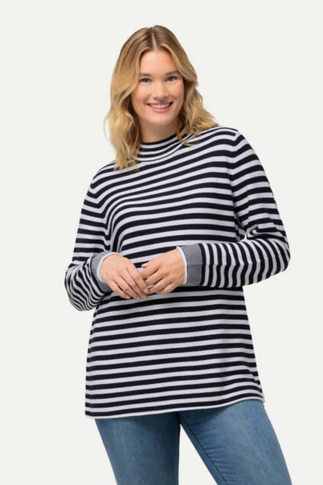 Ulla Popken Strickpullover Pullover Ringel Rollkanten Stehkragen Langarm günstig online kaufen