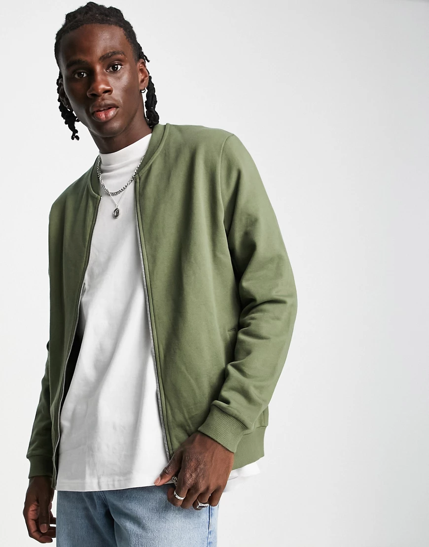 ASOS DESIGN – Bomberjacke aus Jersey in Khaki-Grün günstig online kaufen