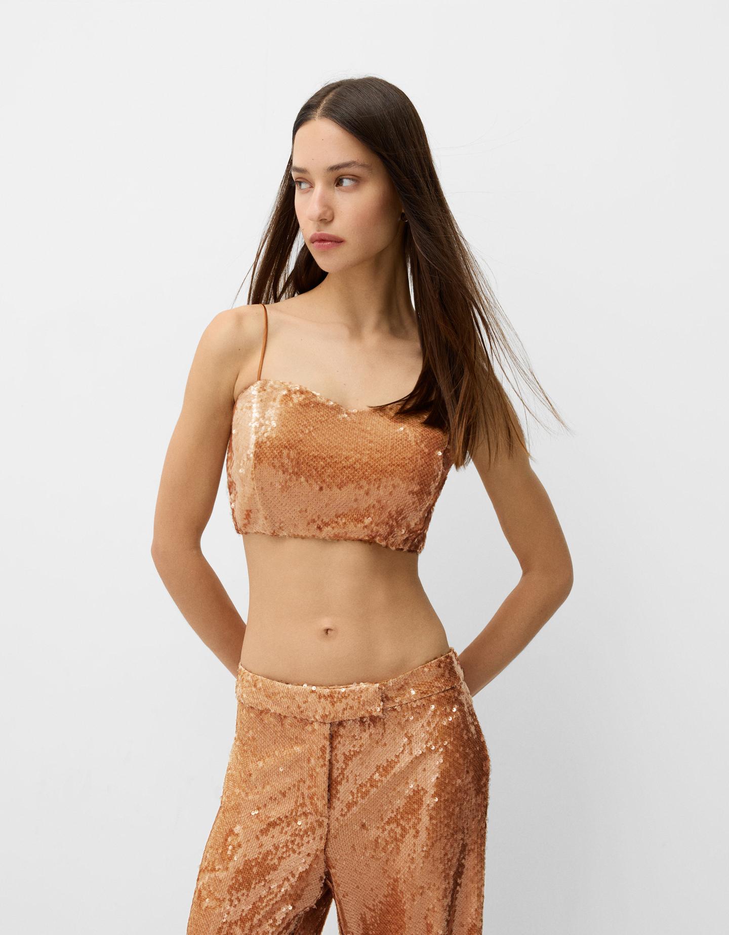 Bershka Mini-Top Mit Pailletten Damen M Braun günstig online kaufen