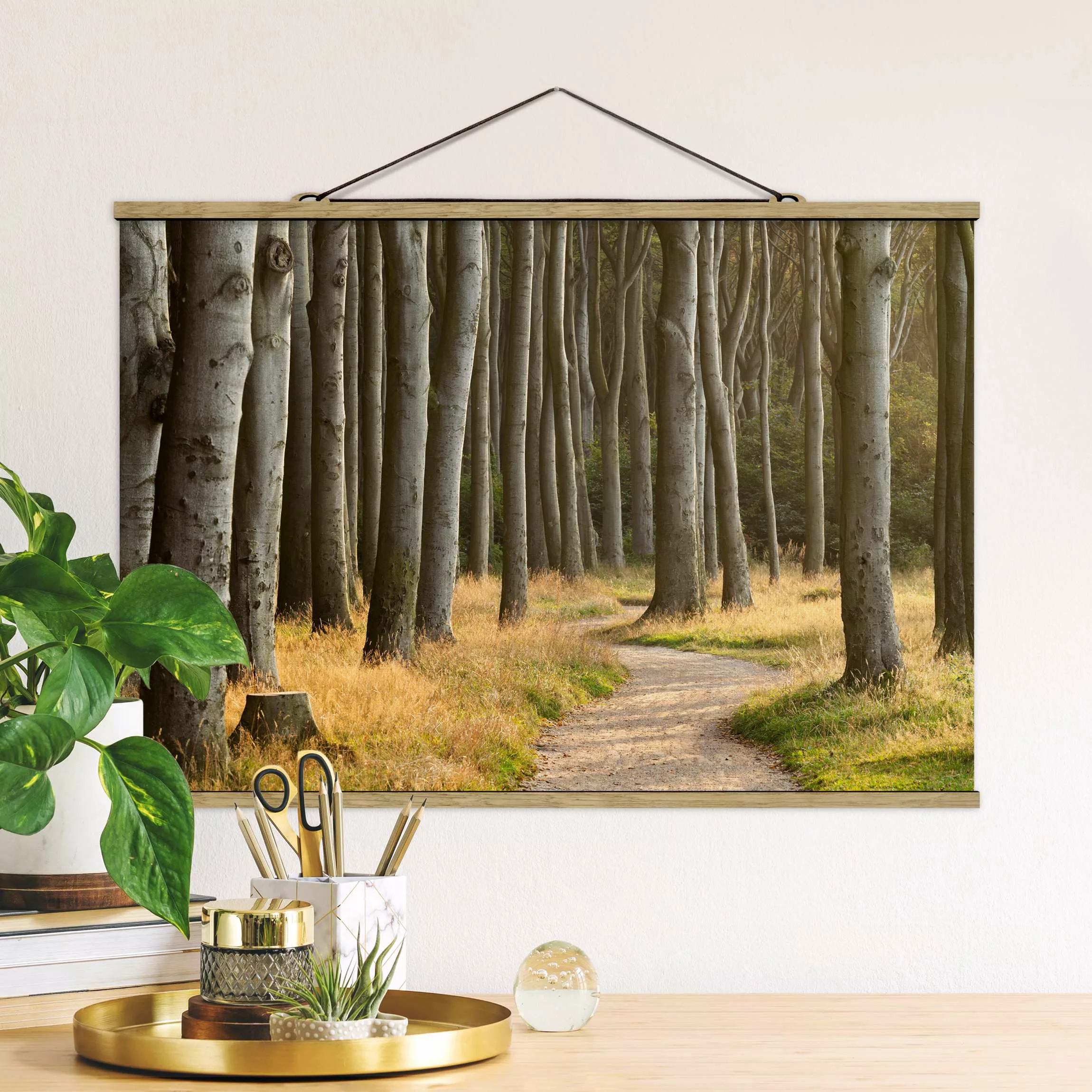 Stoffbild Wald mit Posterleisten - Querformat Waldweg in Norddeutschland günstig online kaufen