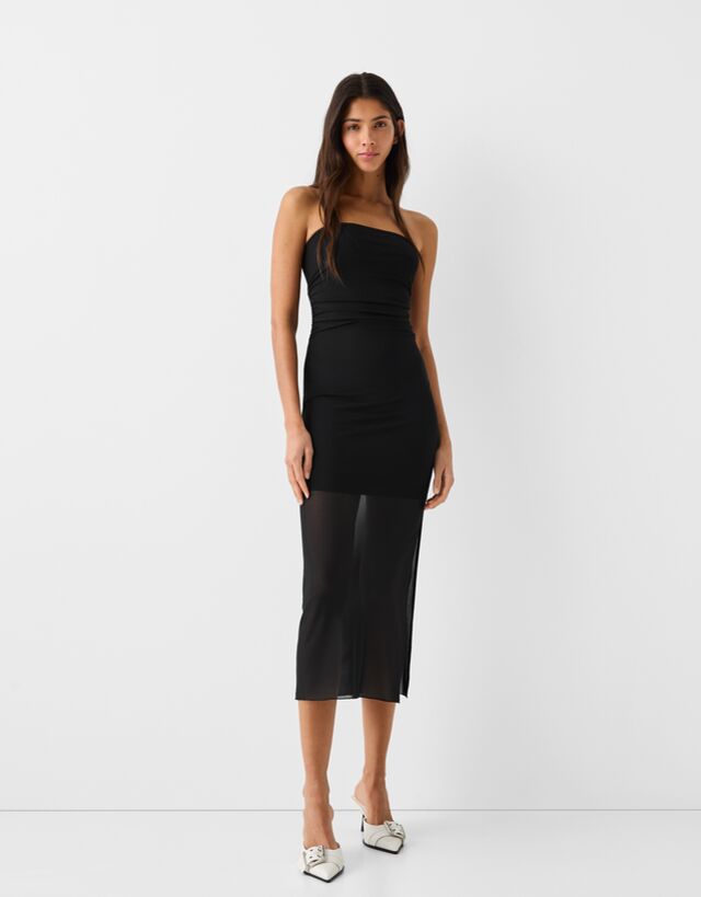 Bershka Bandeau-Midikleid Aus Tüll Mit Print Damen Xs Schwarz günstig online kaufen