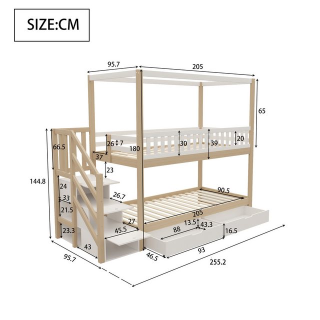 Flieks Etagenbett, Massivholz Kinderbett 90x200cm mit 2 Schubladen und Stau günstig online kaufen