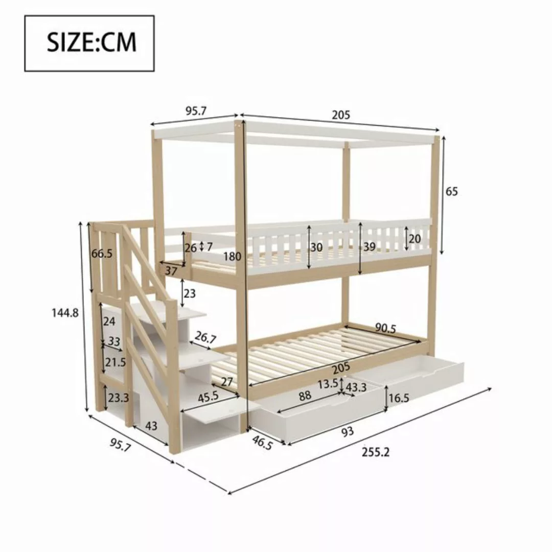 Flieks Etagenbett, Massivholz Kinderbett 90x200cm mit 2 Schubladen und Stau günstig online kaufen