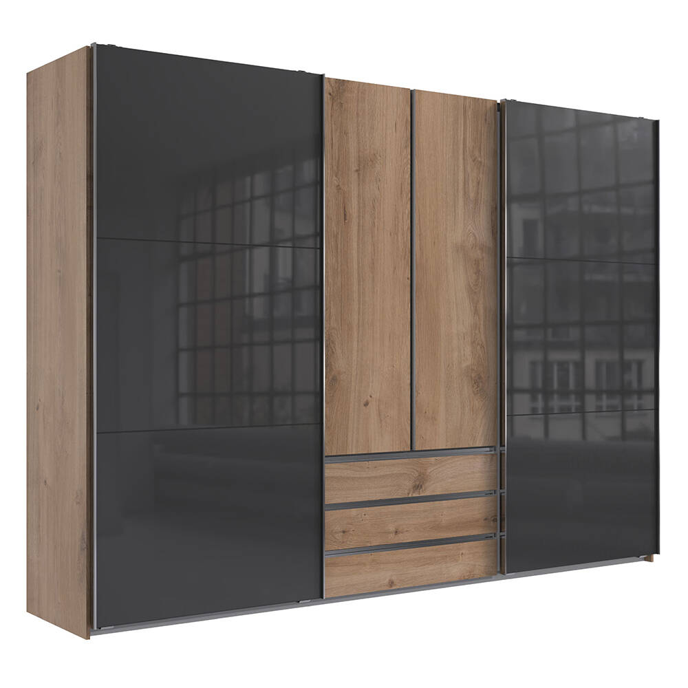 Kleiderschrank 300cm breit Eiche mit Glasfront grau, MIDLAND-43 günstig online kaufen