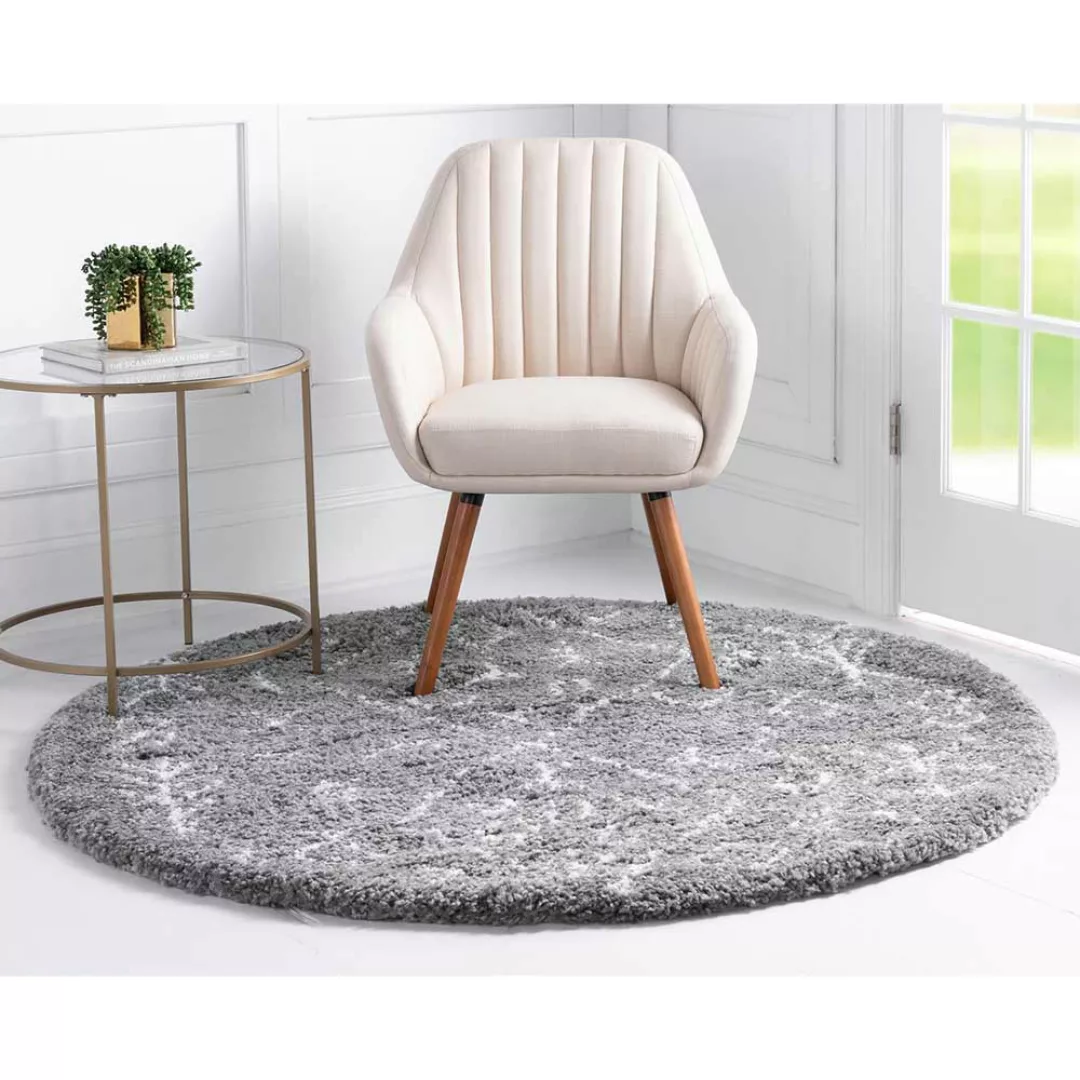 Wohnzimmer Teppich Hochflor in Grau und Creme Ethno Muster günstig online kaufen