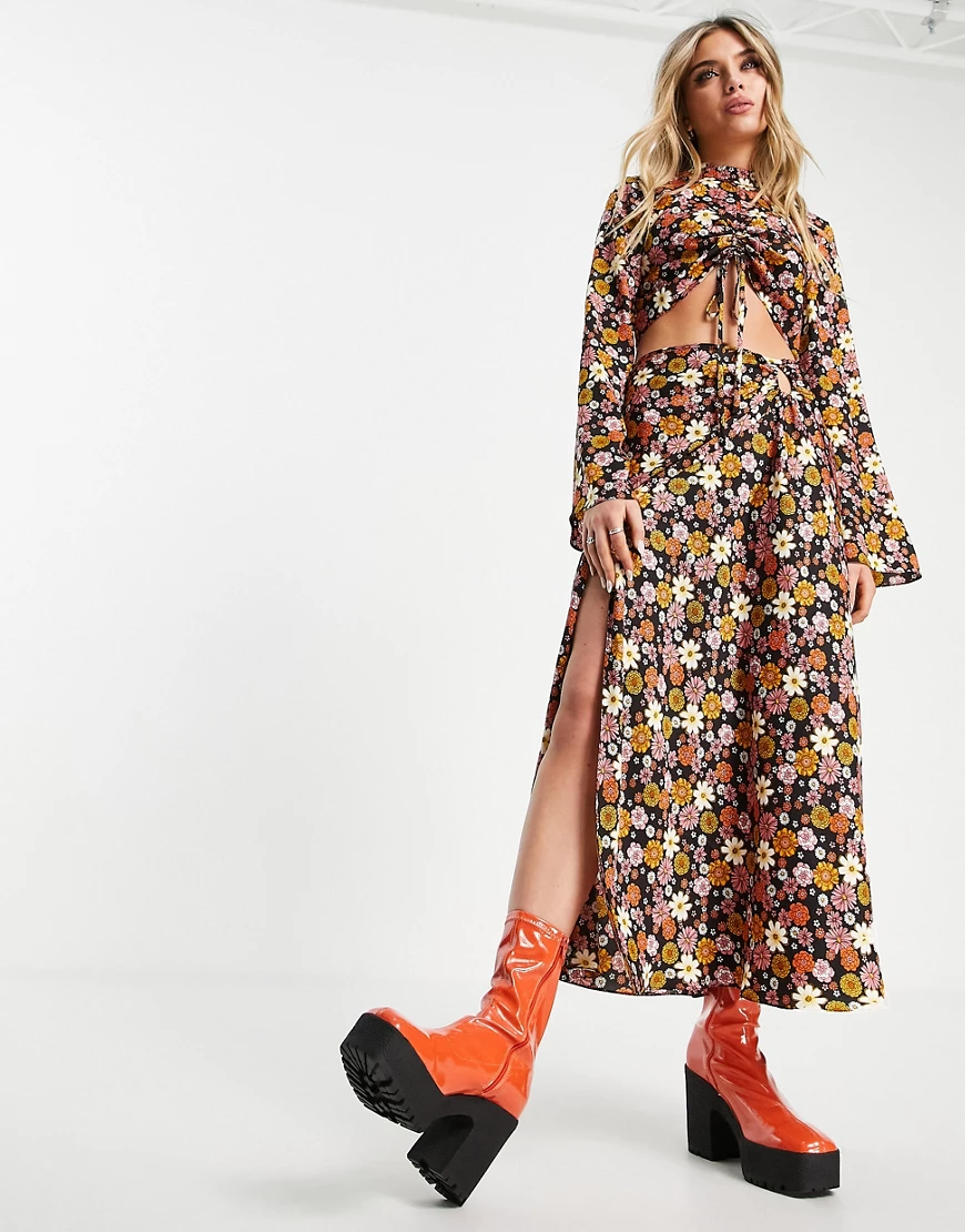 Topshop – Mehrfarbiger Midirock mit Retro-Blumenprint, Kombiteil günstig online kaufen