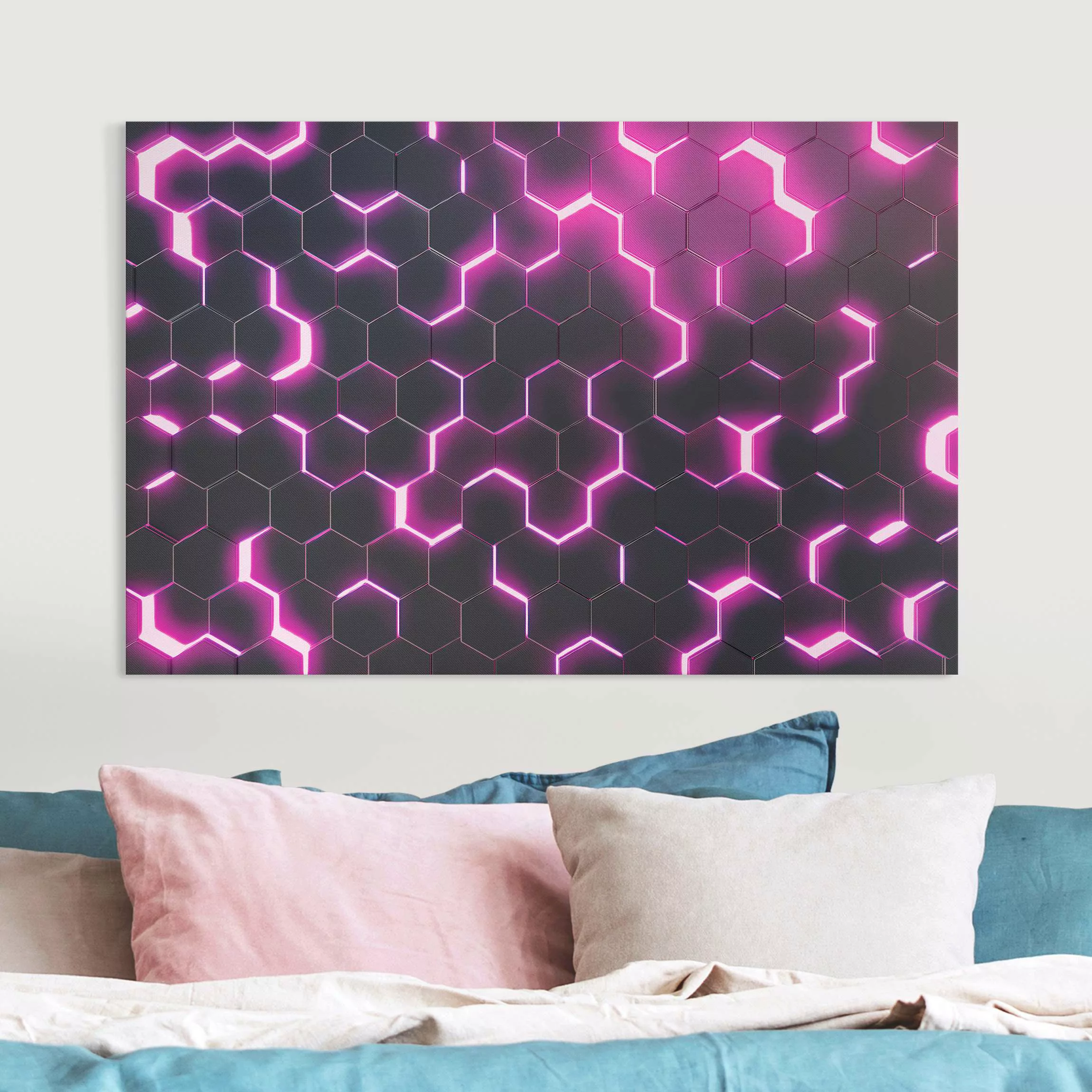 Leinwandbild Strukturierte Hexagone mit Neonlicht in Pink günstig online kaufen