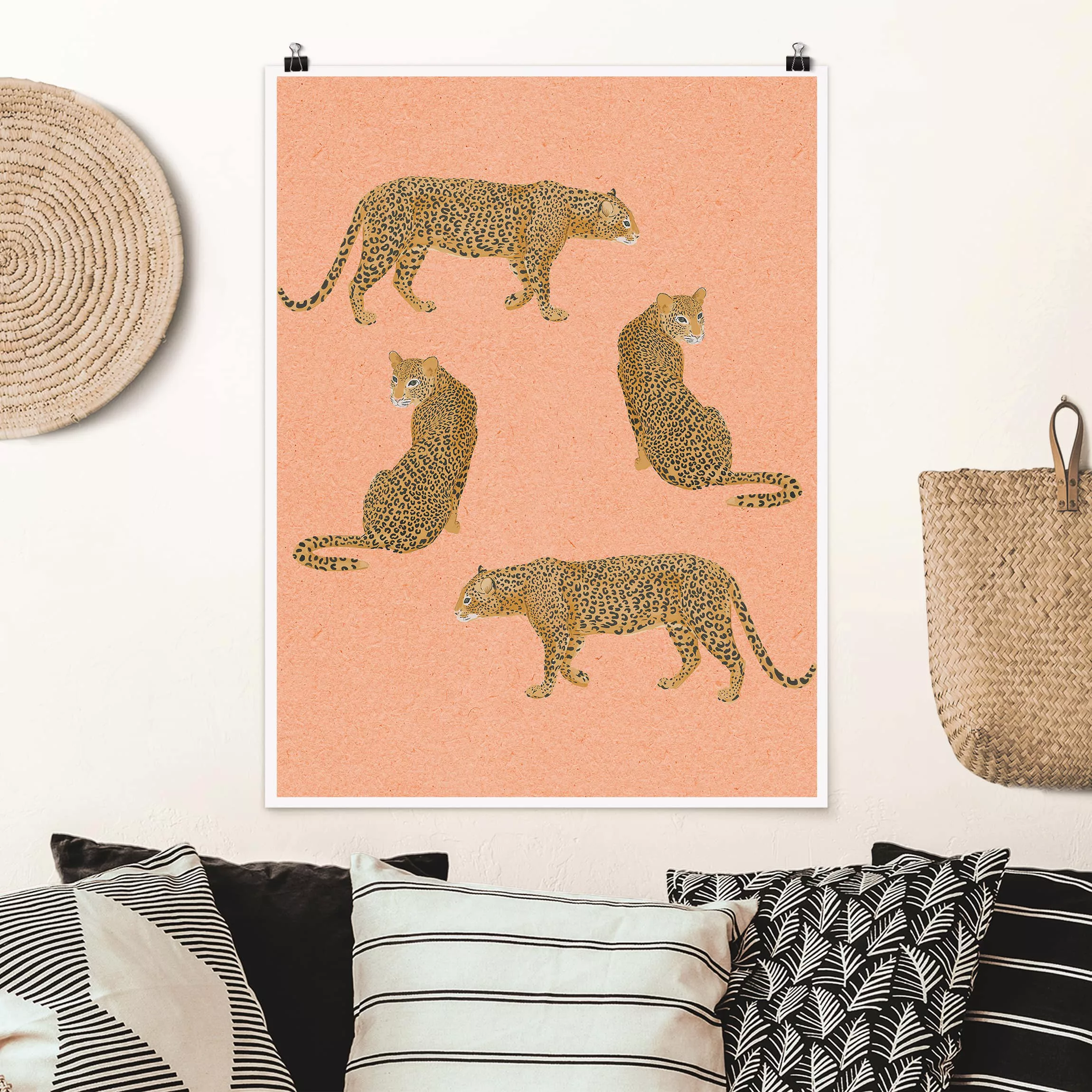 Poster Tiere - Hochformat Illustration Leoparden Rosa Malerei günstig online kaufen