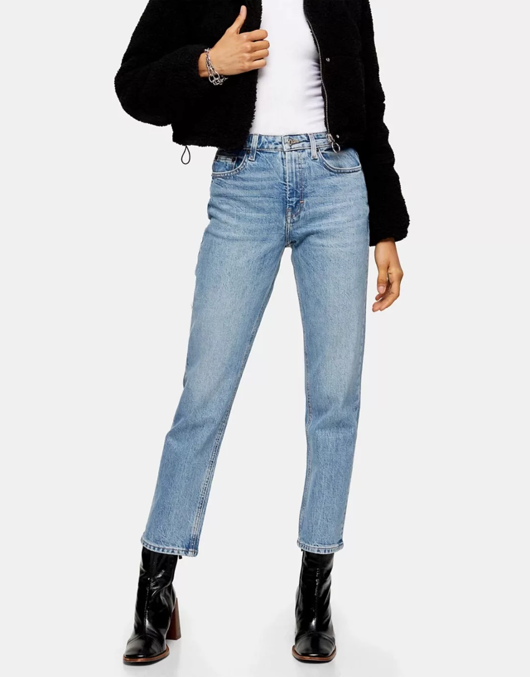 Topshop – Jeans mit geradem Schnitt und abgestepptem Saum in Bleach-Waschun günstig online kaufen