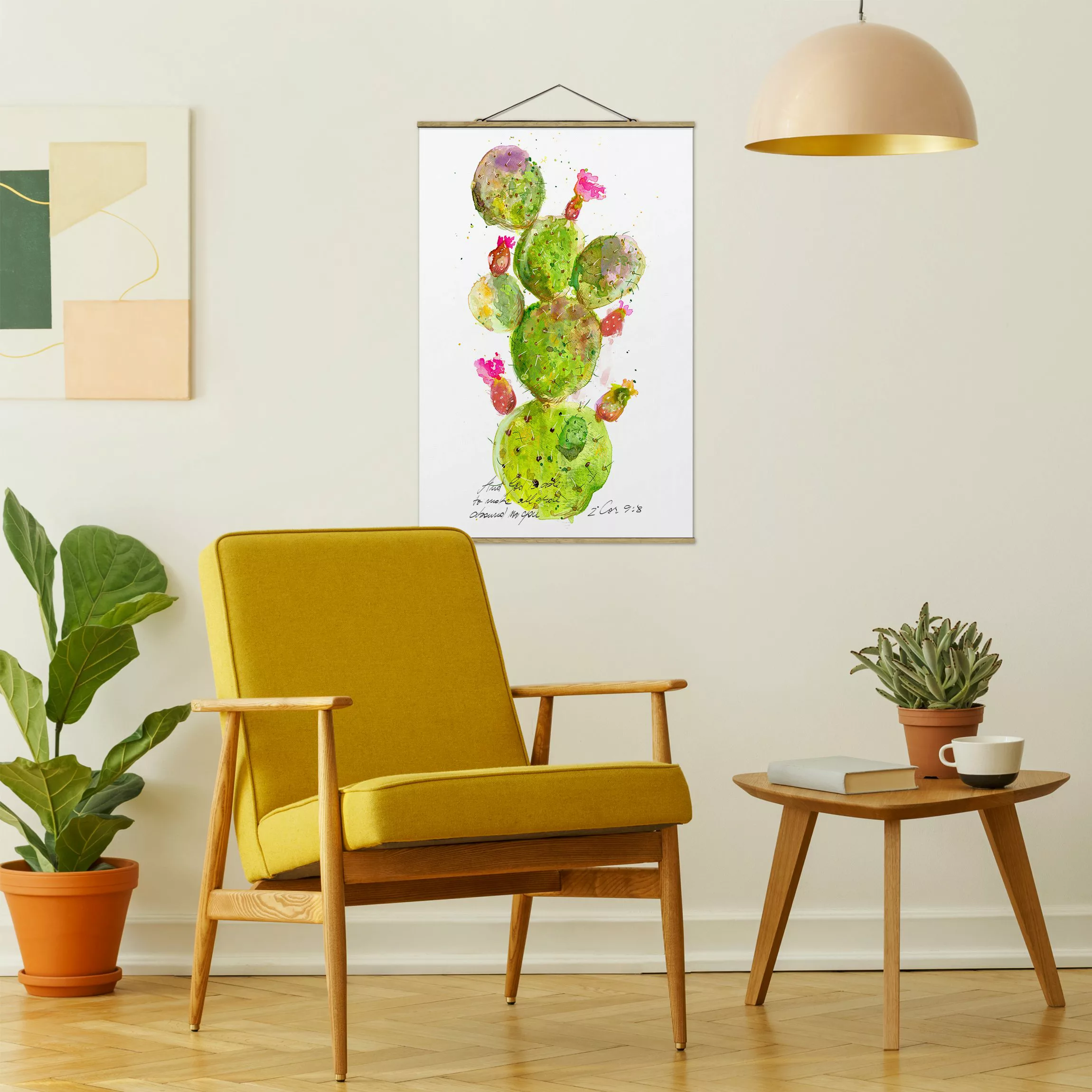 Stoffbild Blumen mit Posterleisten - Hochformat Kaktus mit Bibelvers III günstig online kaufen