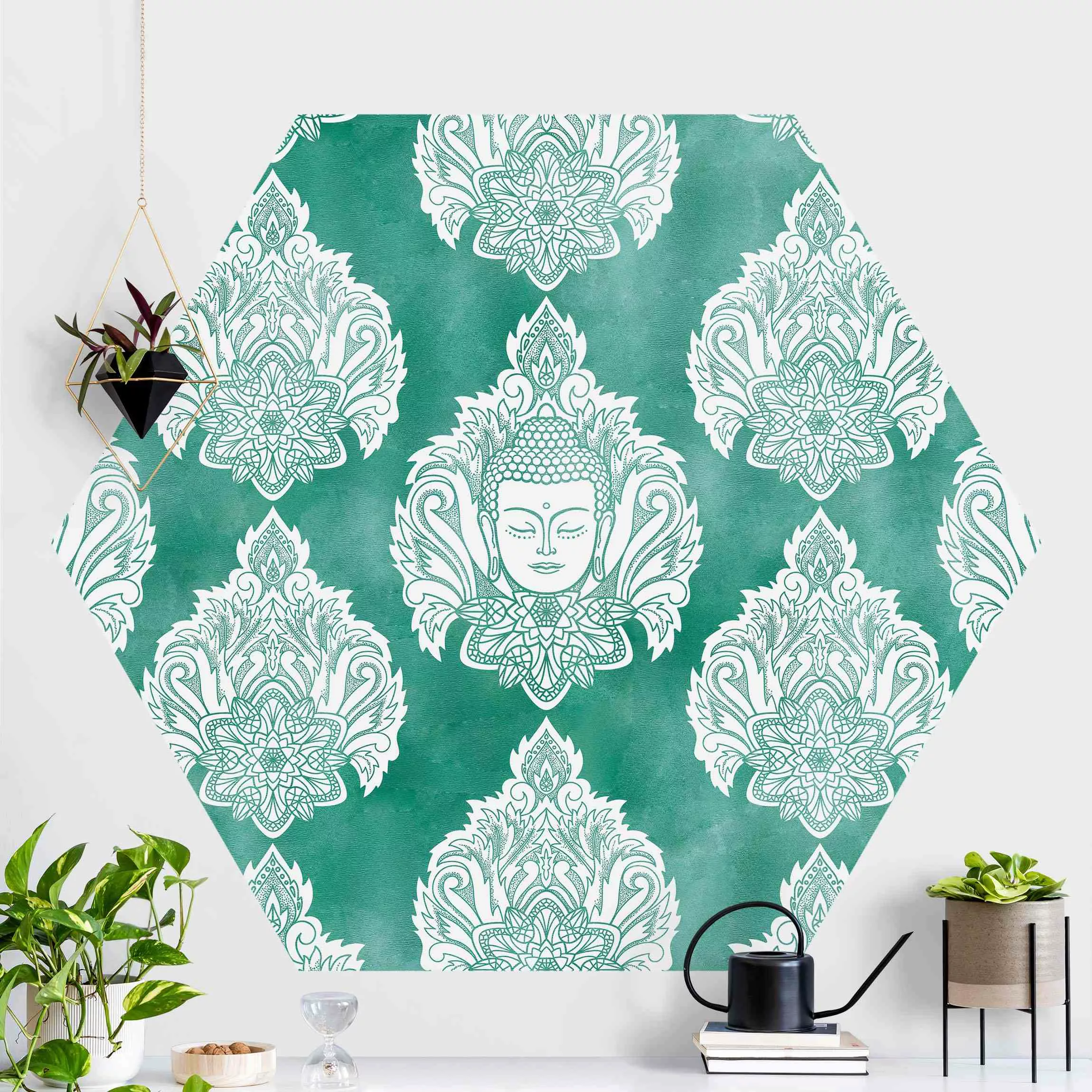 Hexagon Mustertapete selbstklebend Buddha und Lotus Smaragdmuster günstig online kaufen