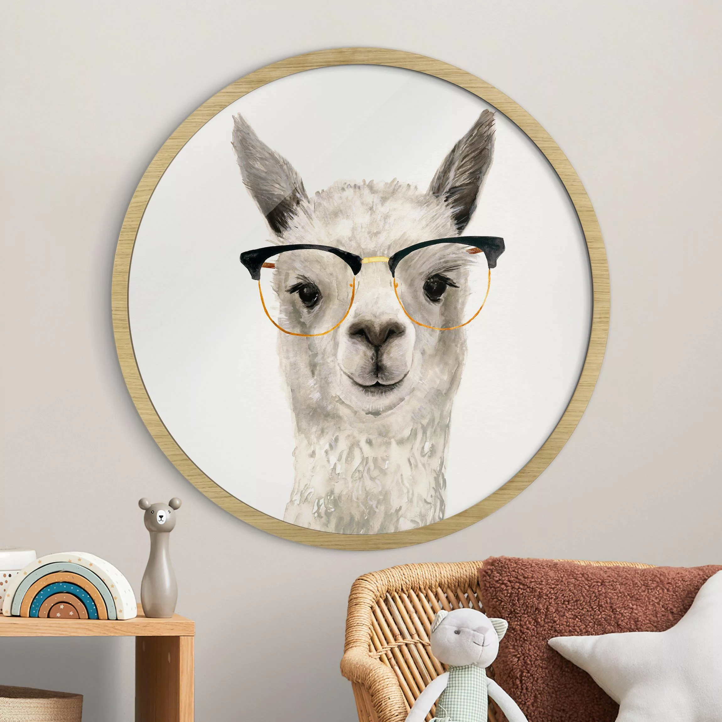 Rundes Gerahmtes Bild Hippes Lama mit Brille I günstig online kaufen