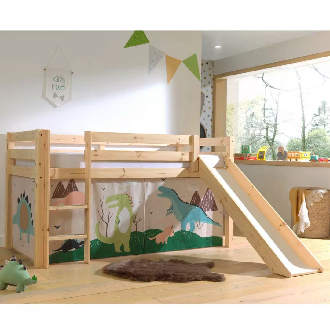 Halbhochbett Kinder mit Rutsche Vorhang Set Dino günstig online kaufen
