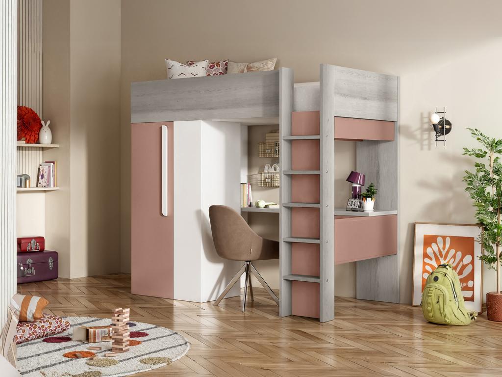 Hochbett mit Schreibtisch & Kleiderschrank - 90 x 200 cm - Rosa & Weiß - NI günstig online kaufen