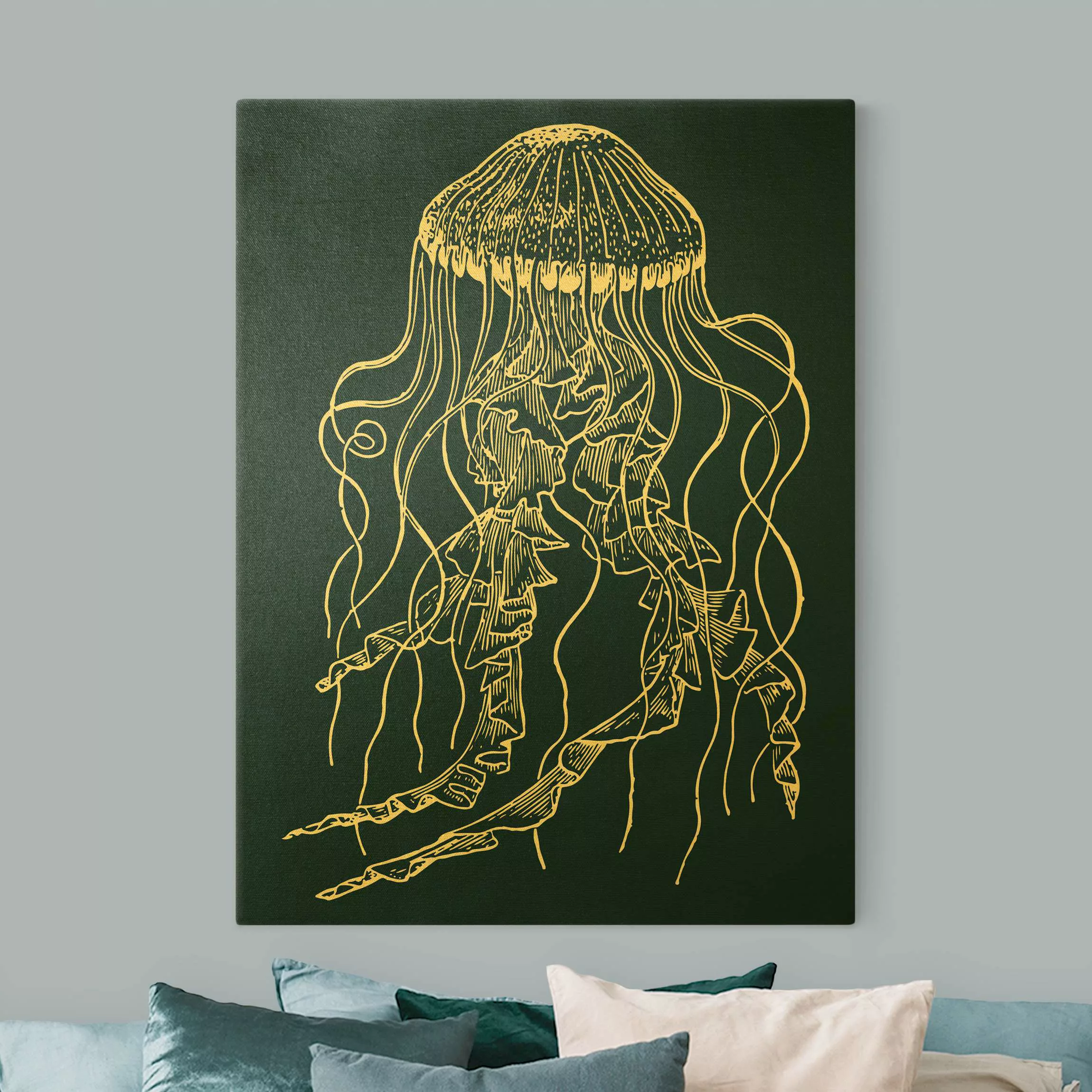 Leinwandbild Gold Illustration tanzende Qualle auf Blau günstig online kaufen