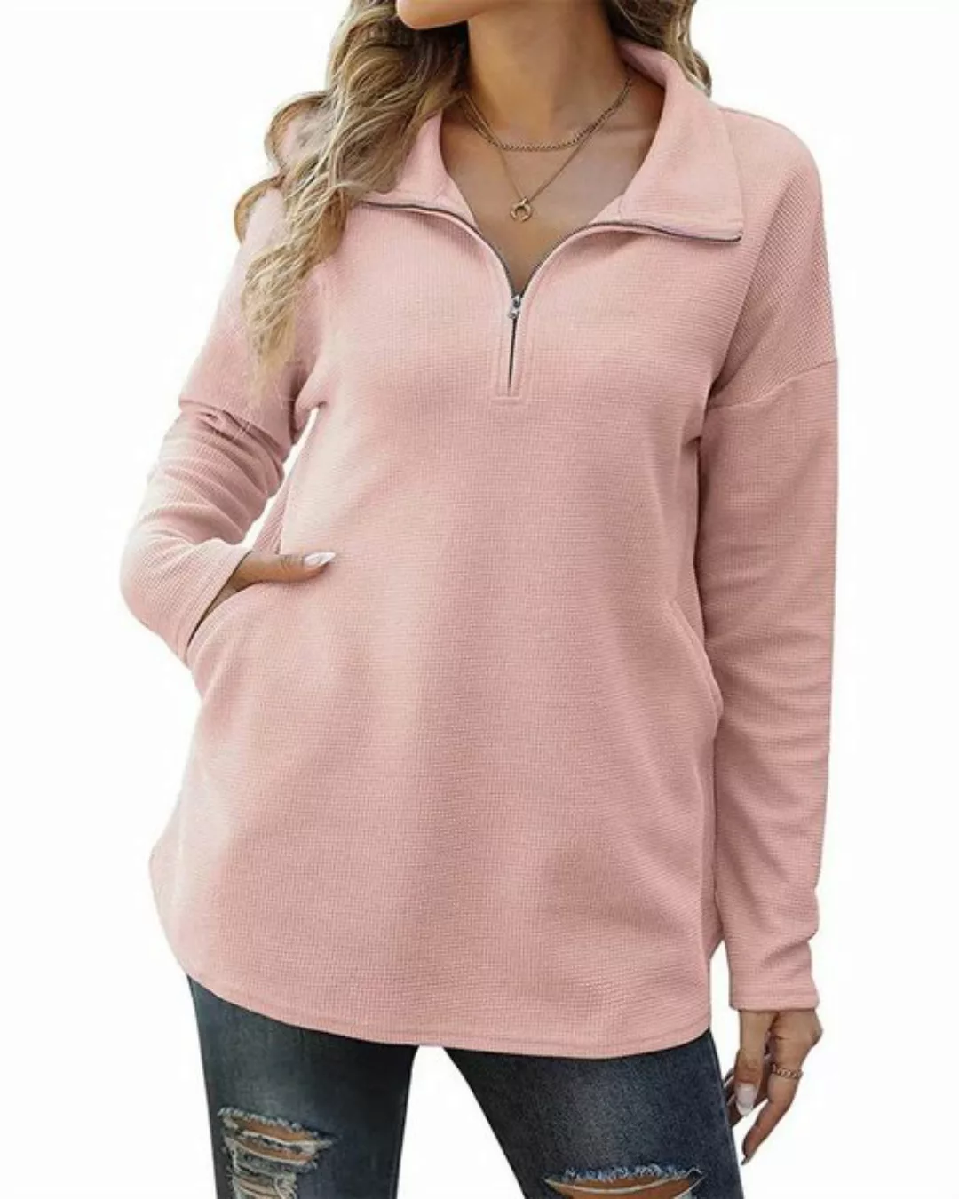 RUZU UG Langarmbluse Einfarbiges Damen-Sweatshirt langen Ärmeln Revers Jack günstig online kaufen